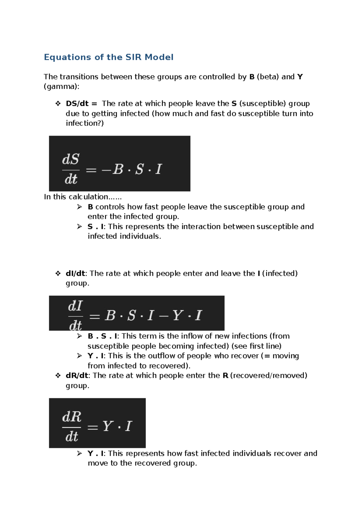 Breakdown SIR model calculation - Equations of the SIR Model The ...