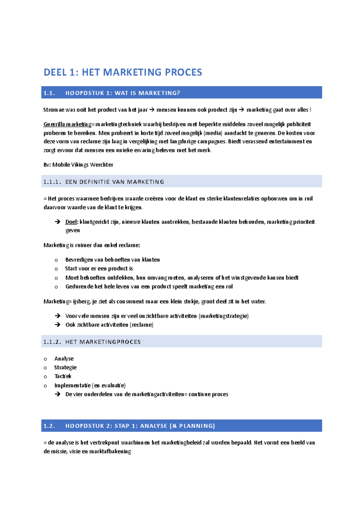 Perfecte samenvatting deel 1 - DEEL 1: HET MARKETING PROCES 1 ...