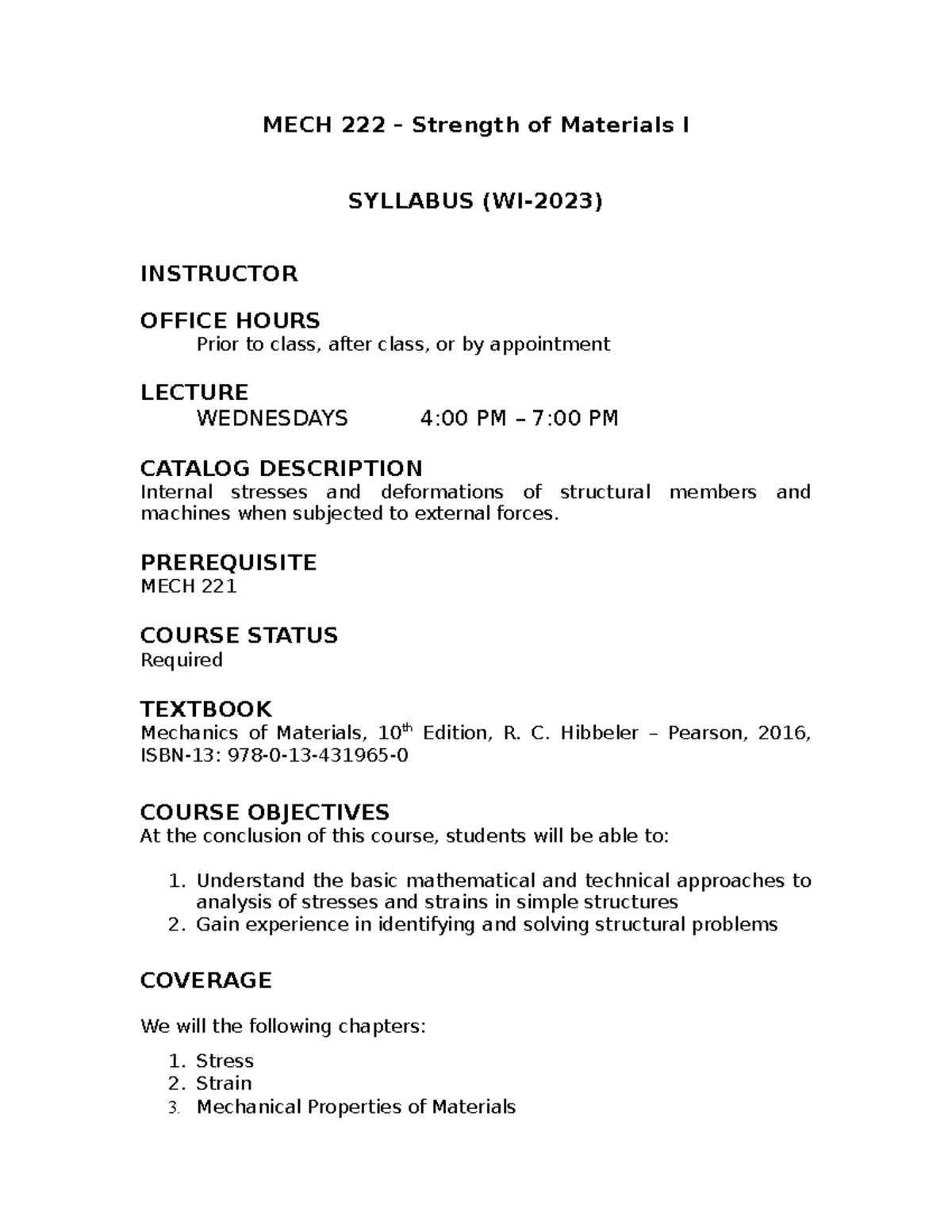 MECH 222 Syllabus WI23 Rev MECH 222 Strength of Materials I