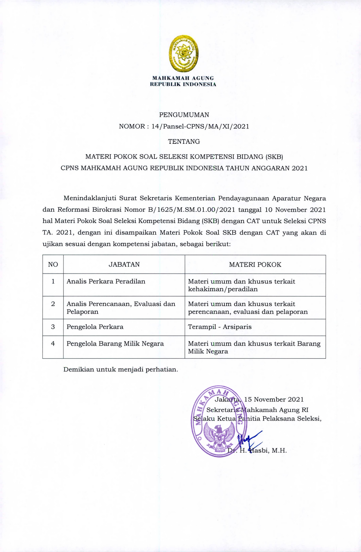 Surat Pengumuman Materi Pokok Soal SKB CPNS Mahkamah Agung RI 2021 ...