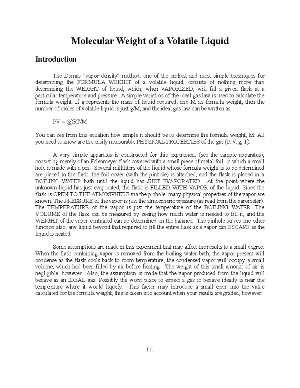Molecular Weight of a Volatile Liquid CHEM 1102 NU Studocu