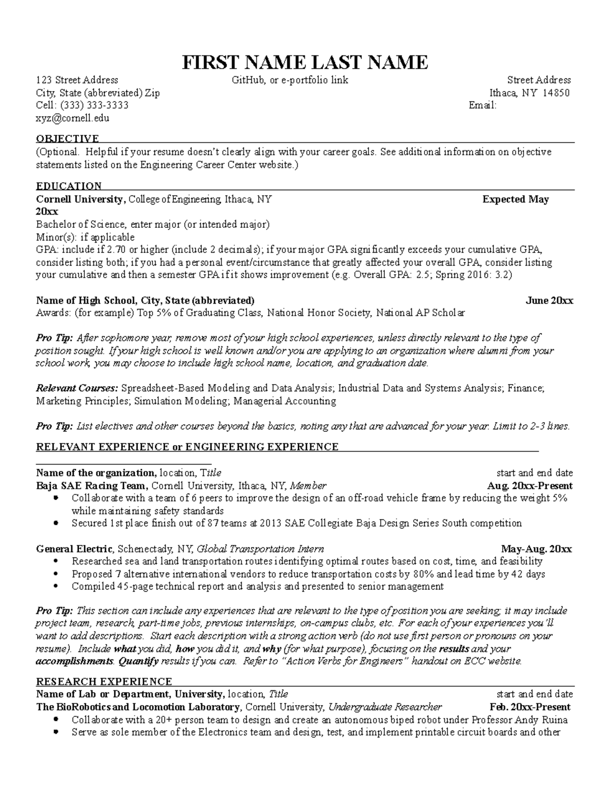 Undergrad Resume w Notes - FIRST NAME LAST NAME 123 Street Address ...