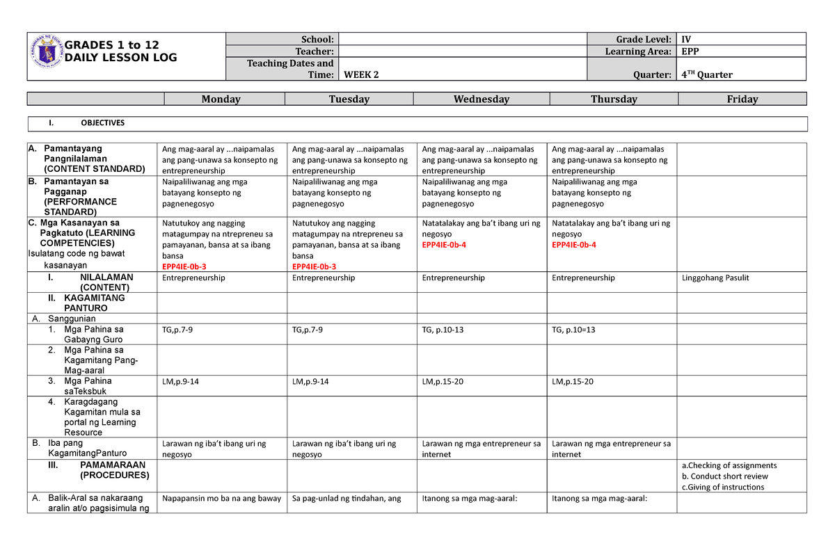 Grade 4 DLL EPP 4 Q4 Week 2 GRADES 1 to 12 DAILY LESSON LOG School