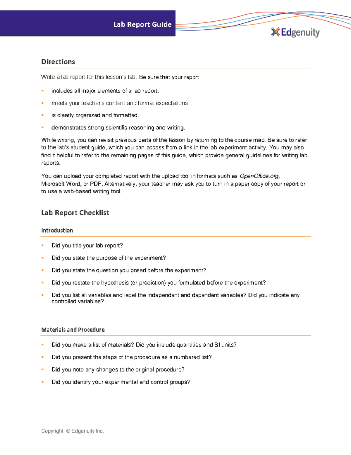 Lab report guide Edgenuity - Lab Report Guide Directions Write a lab report for this lesson’s ...