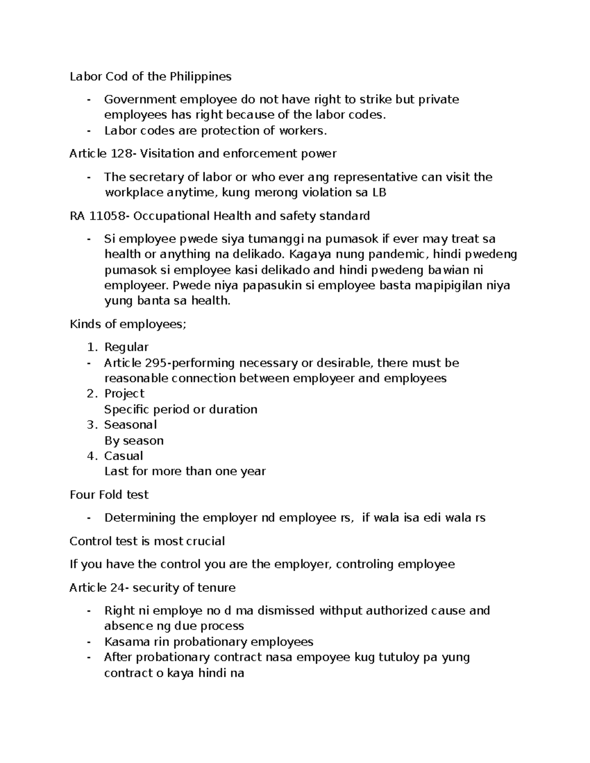 Labor codes notes - Labor Cod of the Philippines - Government employee ...
