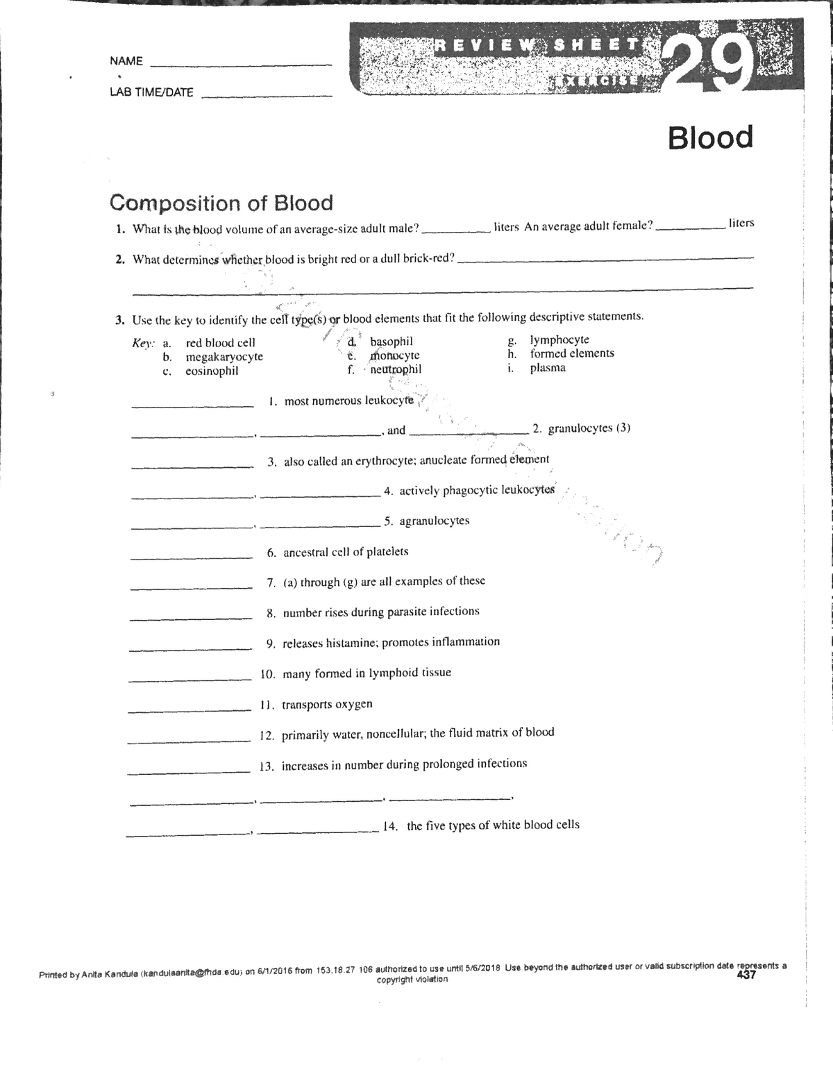 homework questions blood