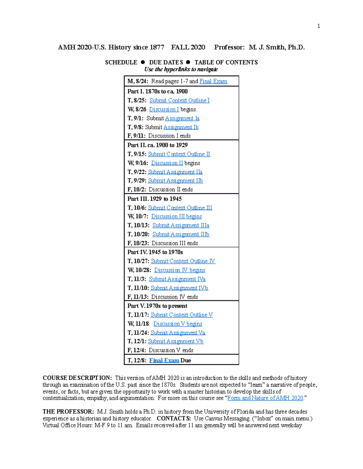 AMH 2020 - Syllabus - AMH 2020-U. History Since 1877 FALL 2020 ...