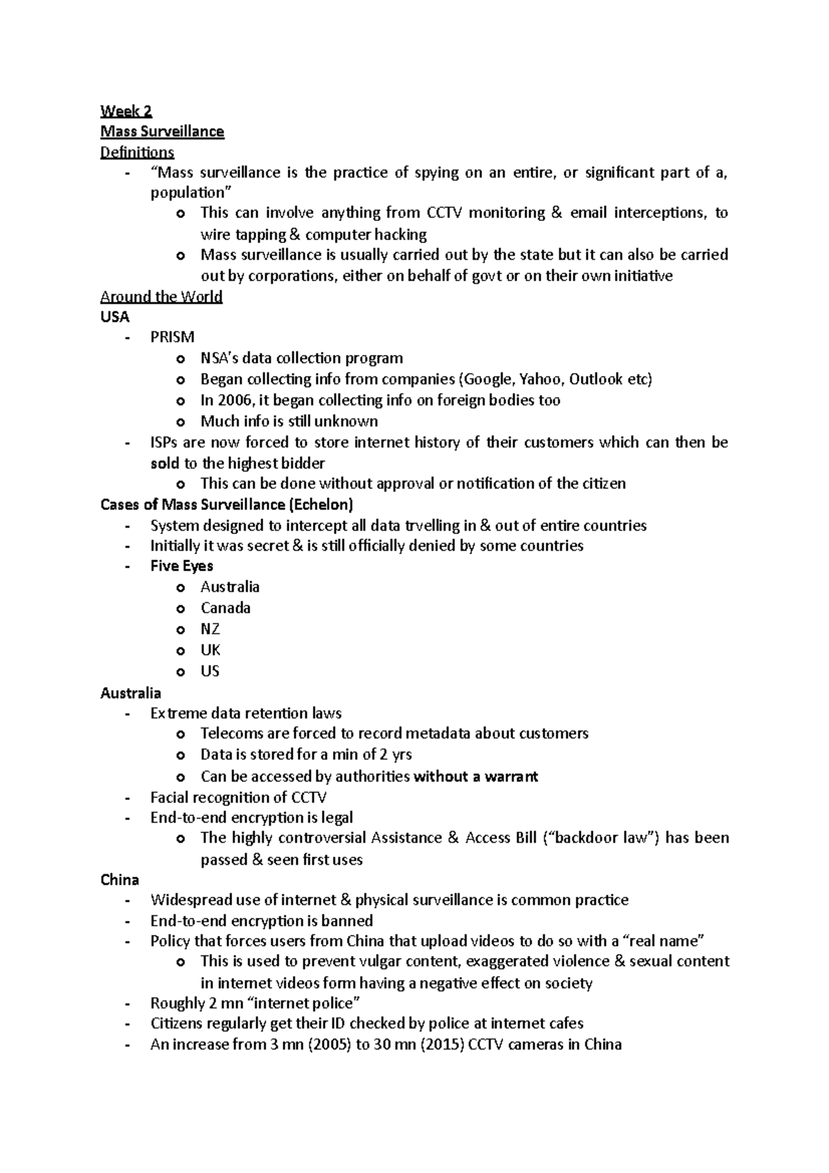 Week 2 Notes - Week 2 Mass Surveillance Definitions - “Mass ...