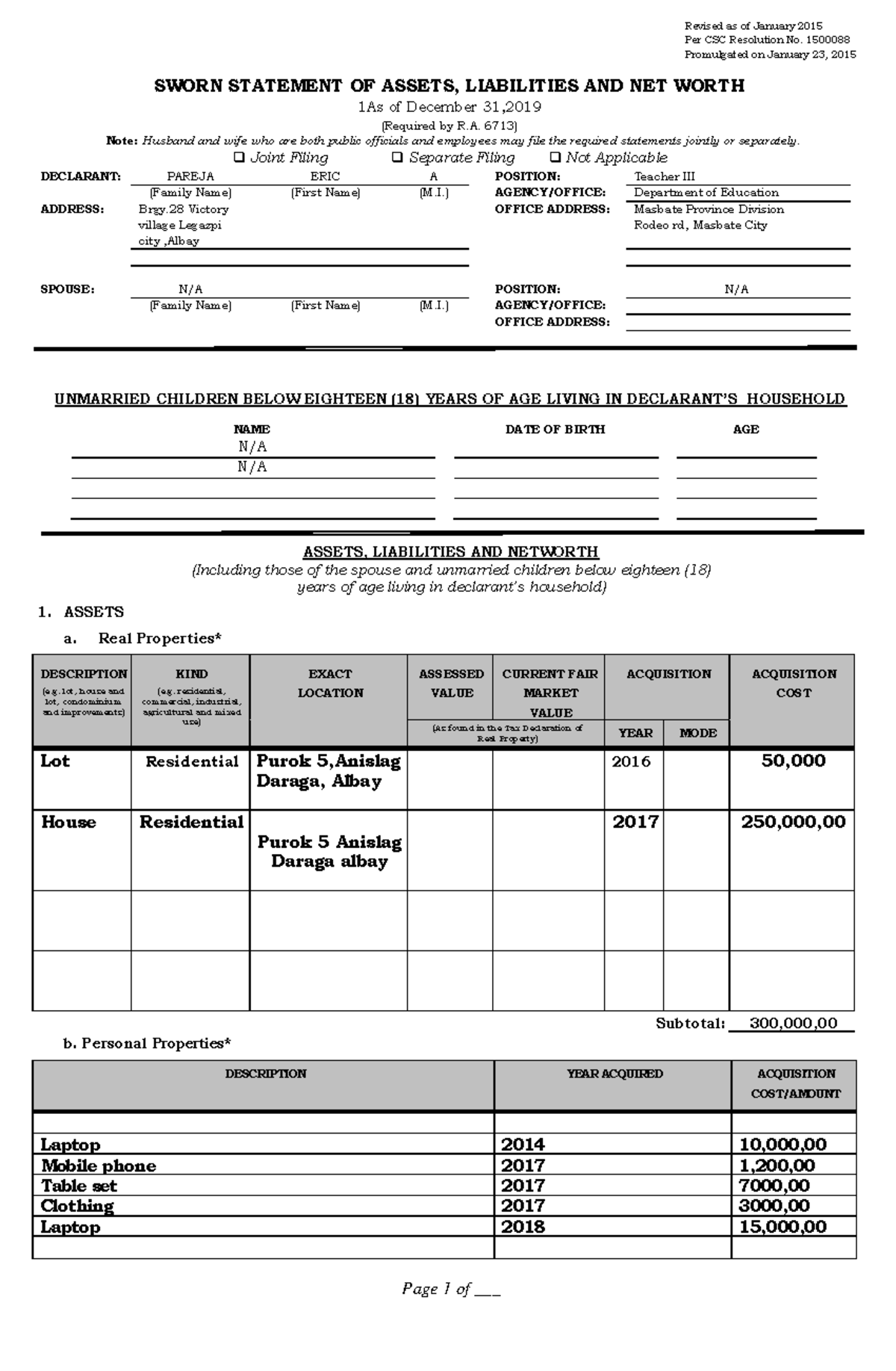 SALN of ERIC A - Make sure to fill up this form to prove that you have ...