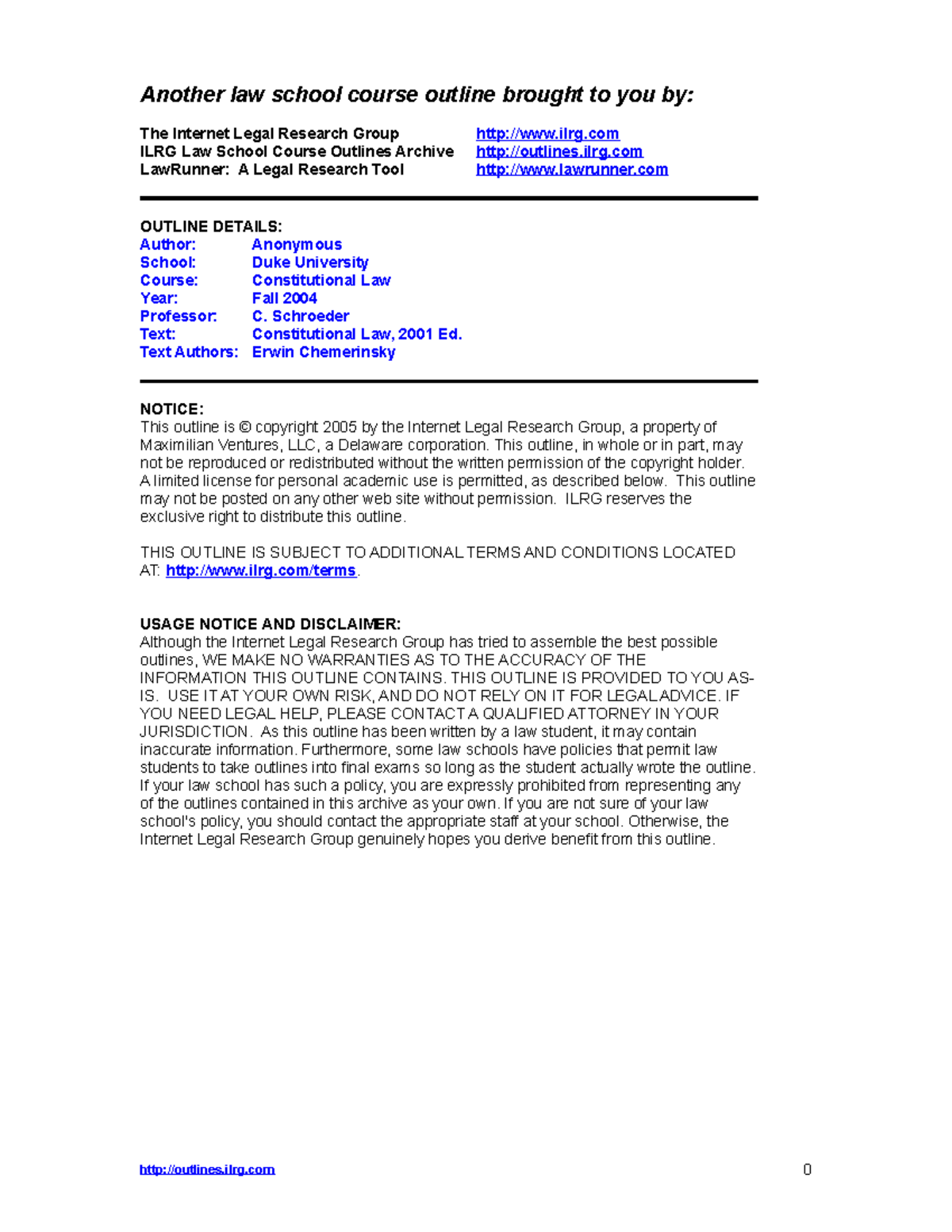 Conlaw duke fall 2004 schroeder - Another law school course outline ...