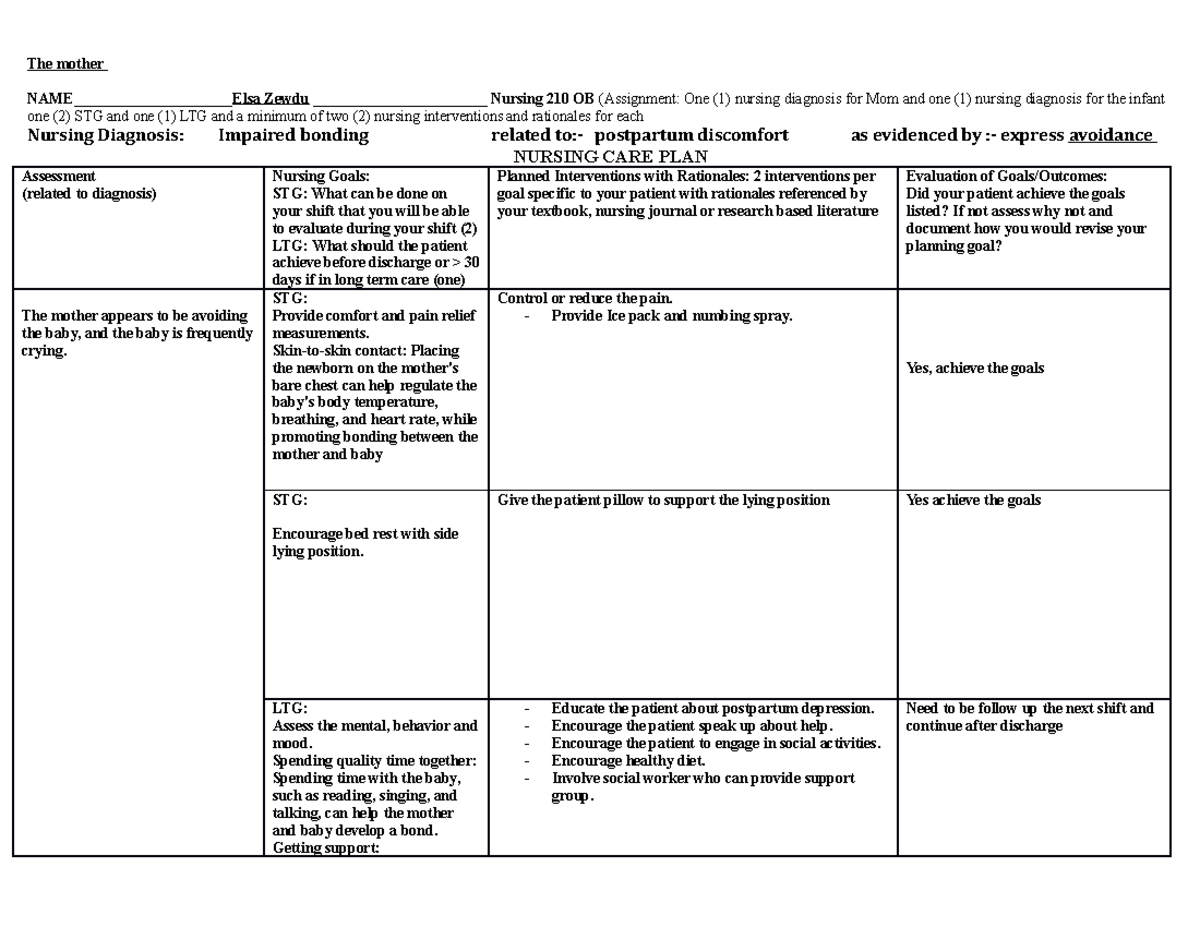 Ob Care Plan - Obgyn Care Plan - The Mother Name 