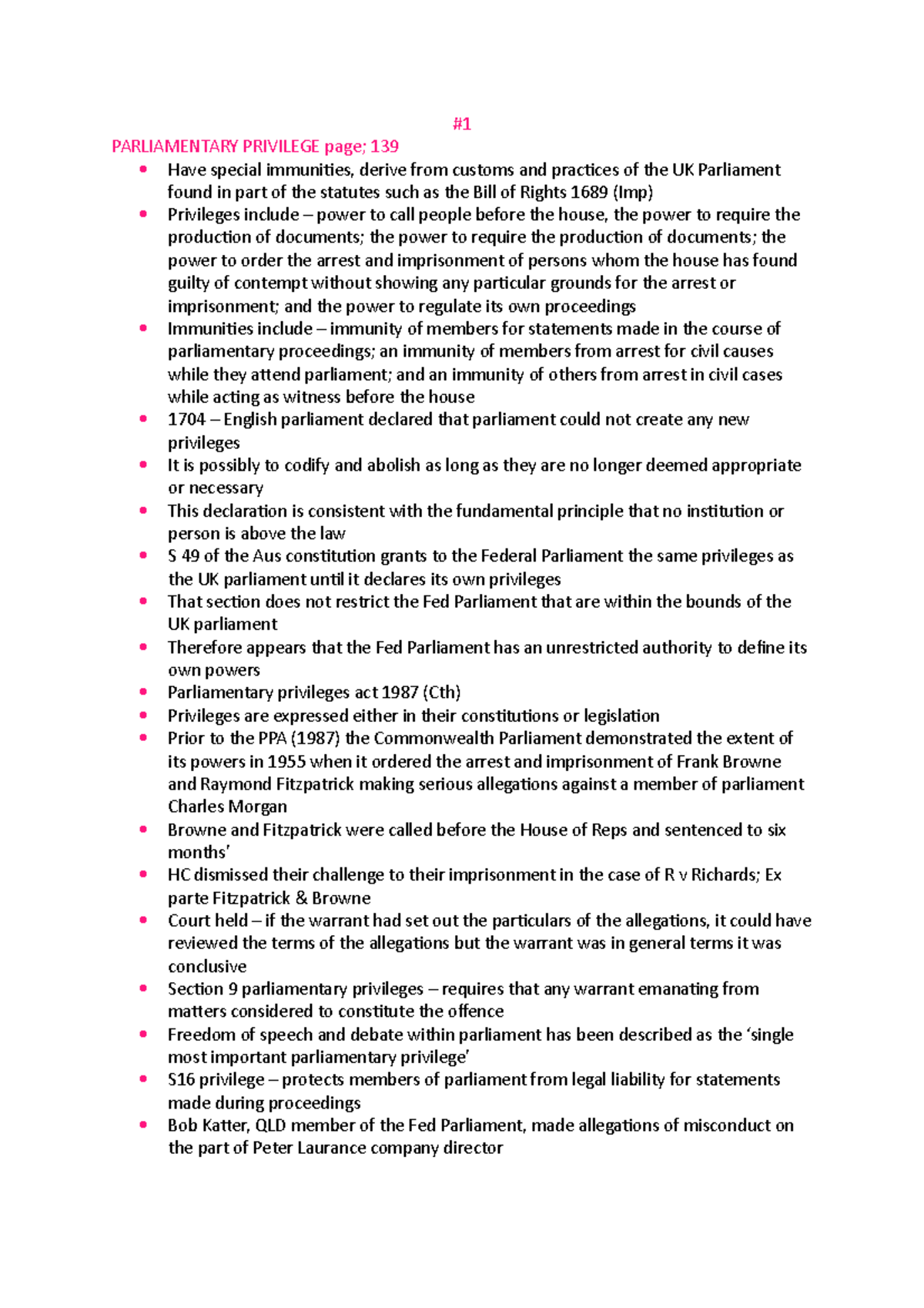 Parliamentary Privilege Exam Notes Parliamentary Privilege Page 139 Have Special Immunities