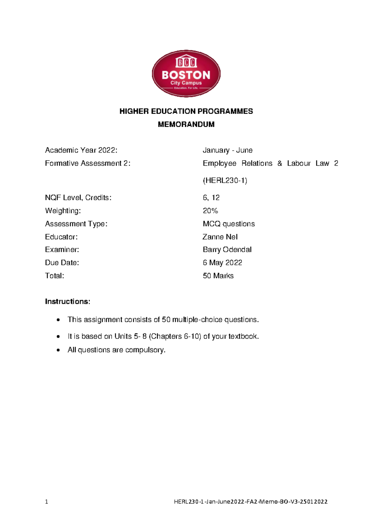 HERL230 1 Jan June2022 FA2 Memo BO V3 25012022 - HIGHER EDUCATION ...