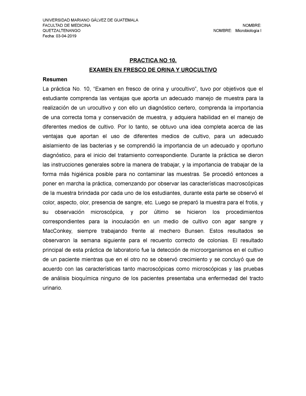 Practica NO 10 Examen EN Fresco DE Orina Y Urocultivo - UNIVERSIDAD ...