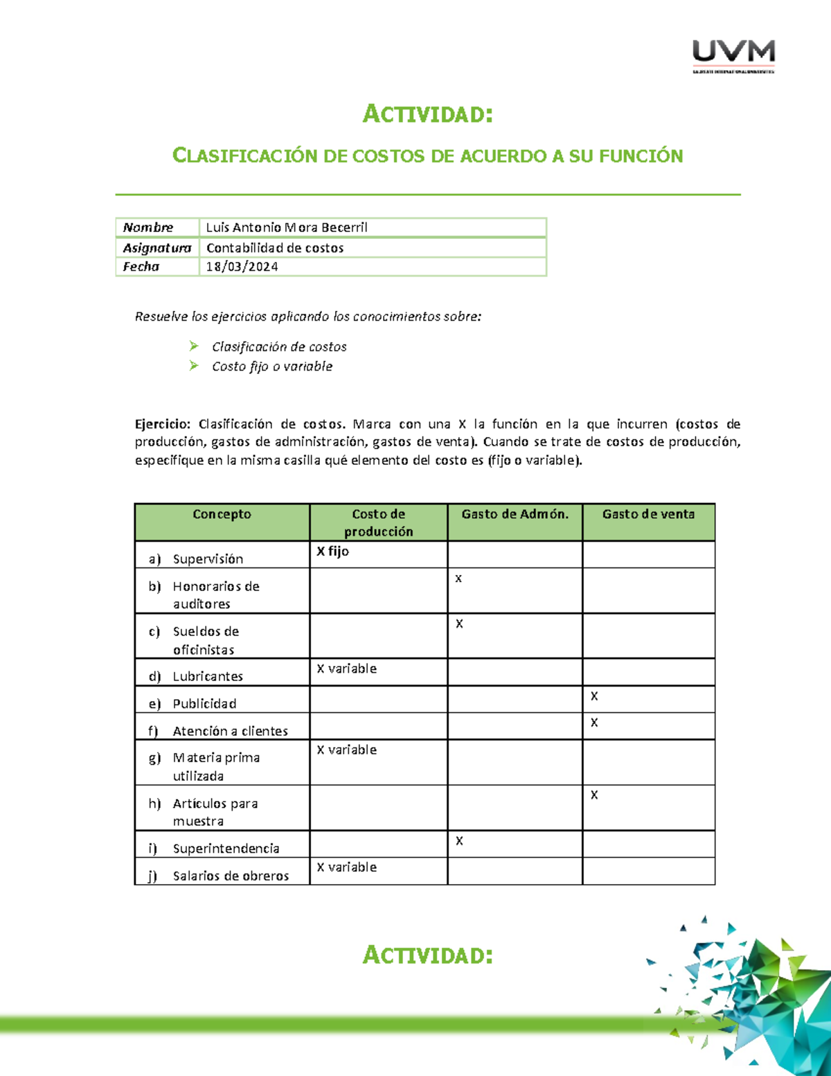A2 LAMB ACTIVIDAD CLASIFICACIÓN DE COSTOS DE ACUERDO A SU FUNCIÓN