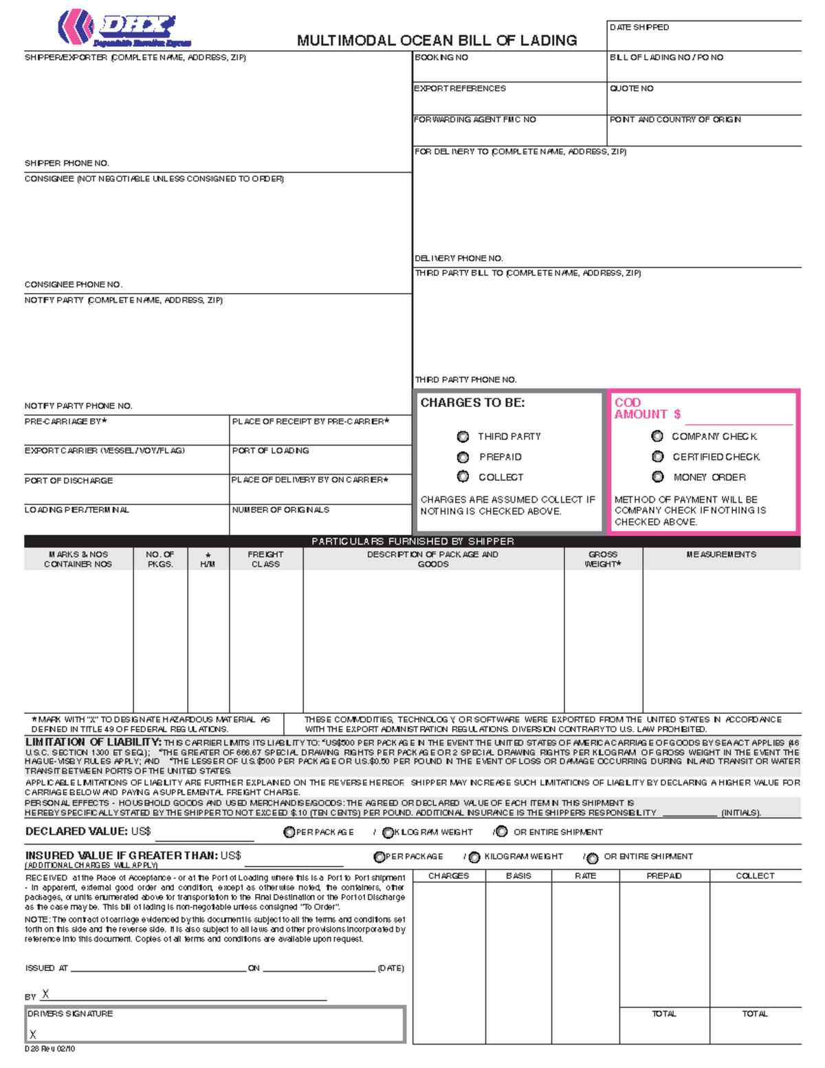 Bill Of Lading 32 - LAW - MULTIMODAL OCEAN BILL OF LADING SHIPPER ...