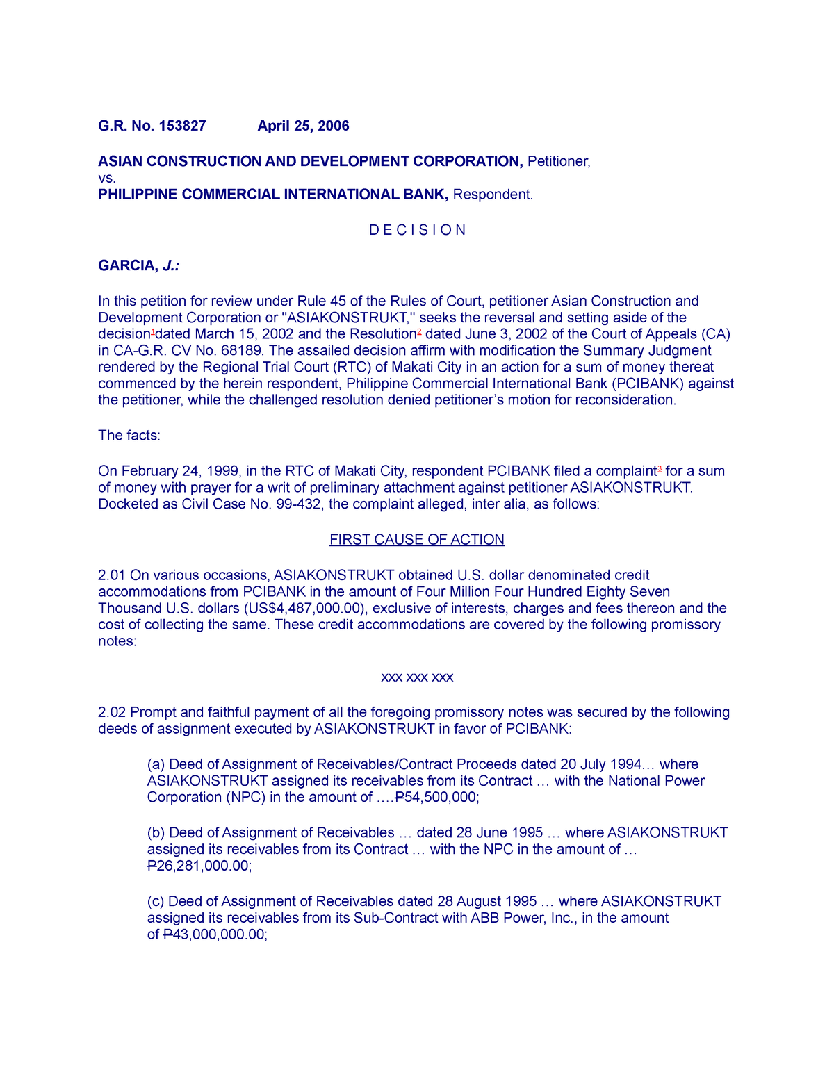 3. Asian Construction v. PCIB, G.R. No. 153827, 25 April 2006 - G. No ...