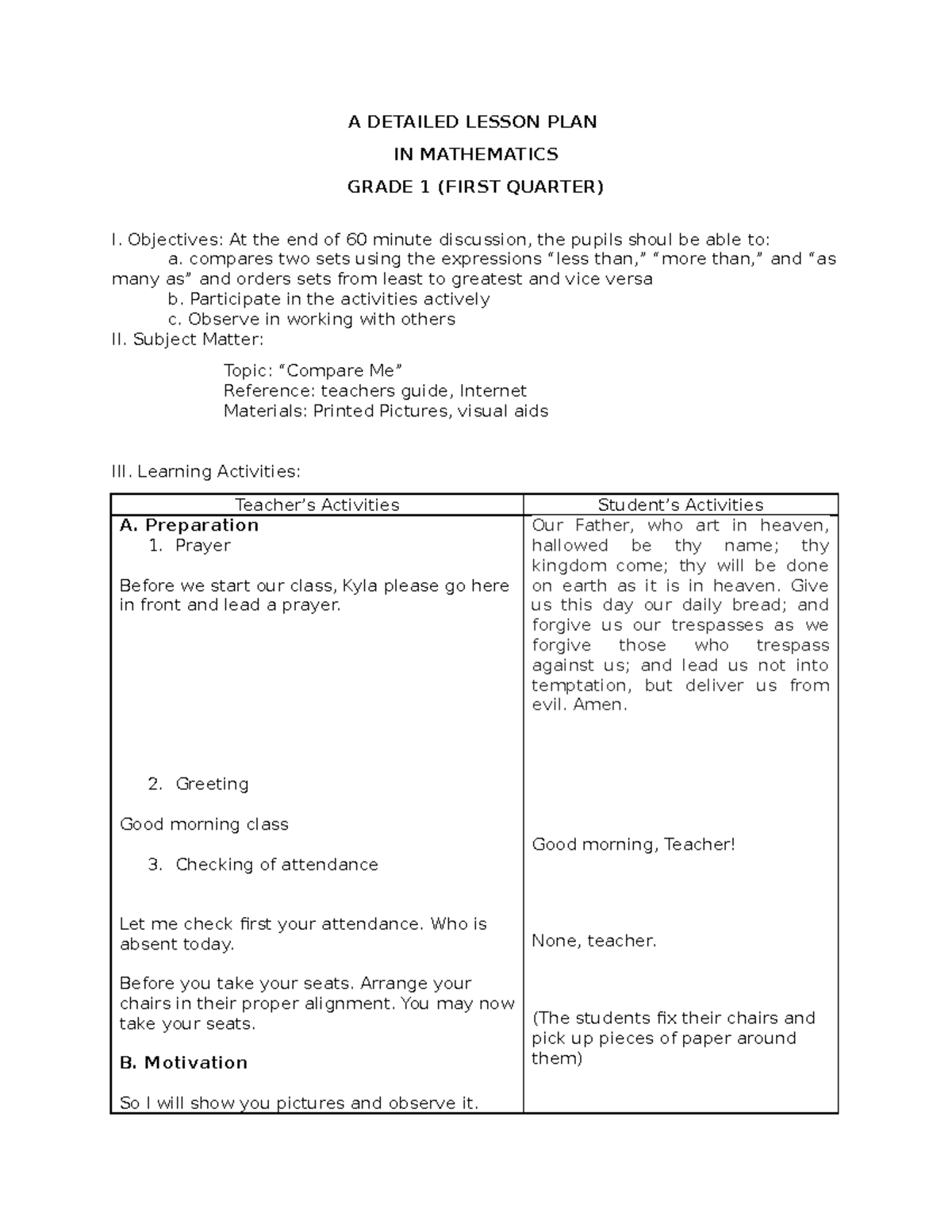 Activity In Math Grade 3