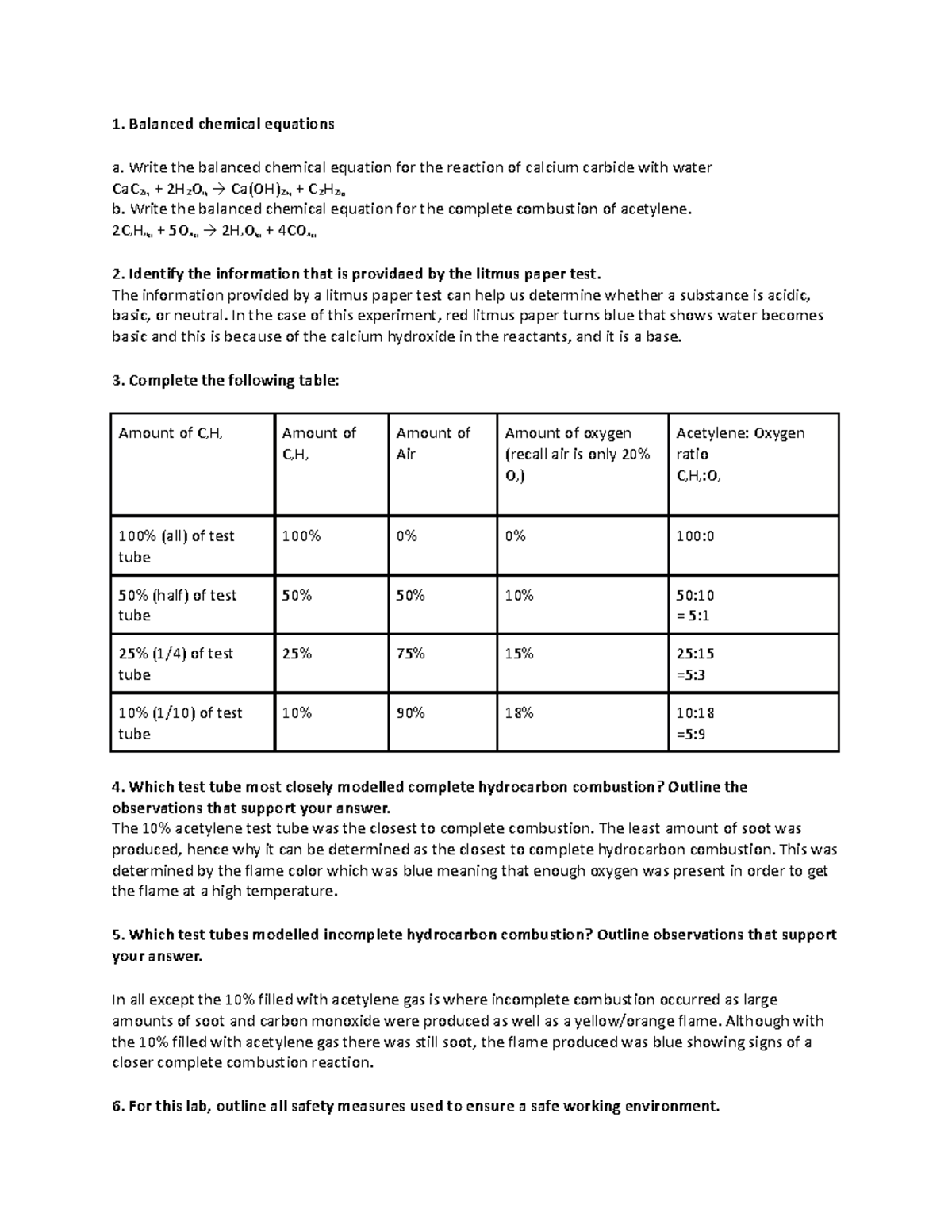 Combustion Lab 1. Balanced chemical equations a. Write the balanced