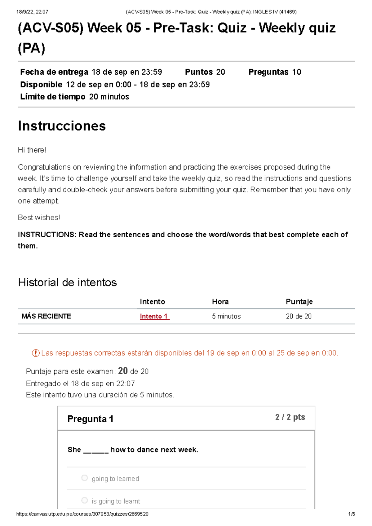 (ACV-S05) Week 05 - Pre-Task Quiz - Weekly quiz (PA) Ingles IV (41469 ...