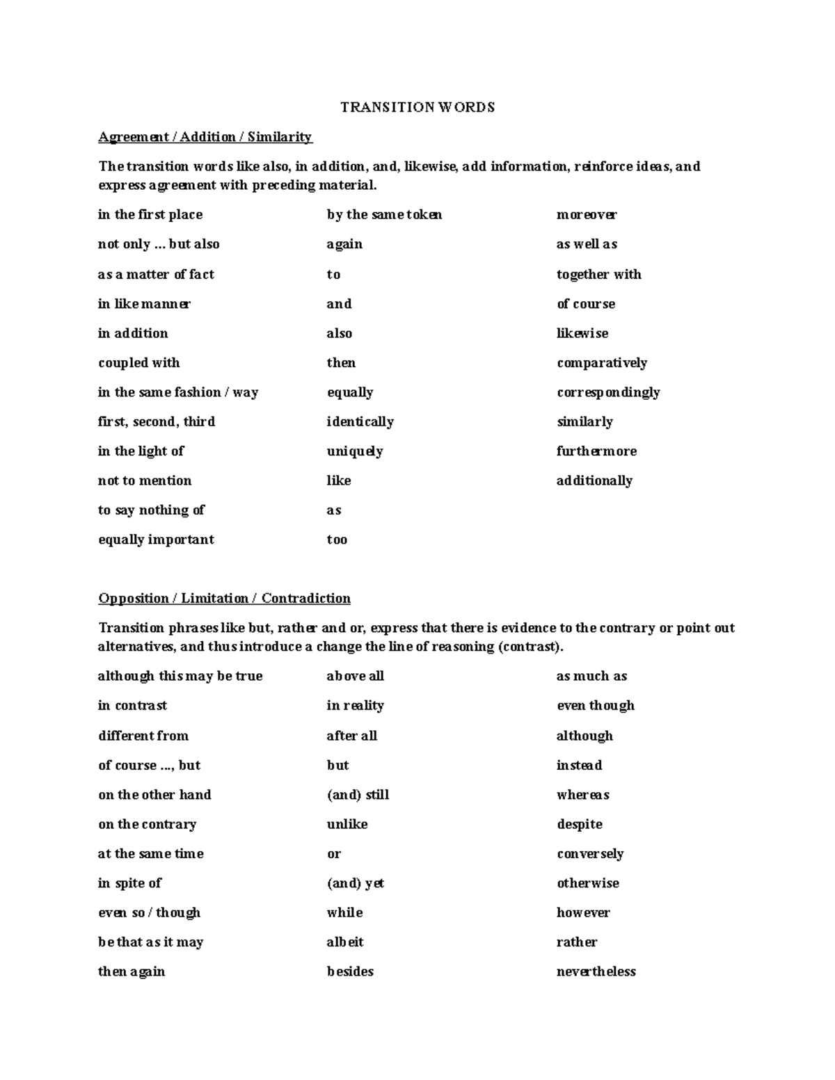 Transition-Words - List with several transition words that can be used ...