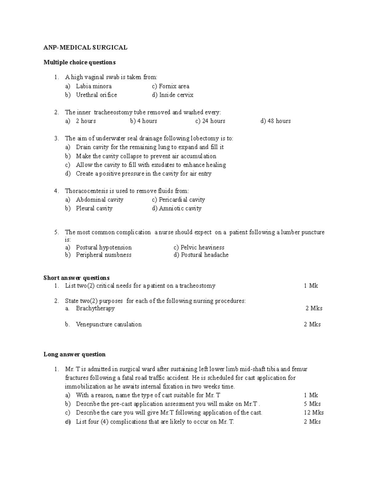 Advanced Nursing Procedures ANPMEDICAL SURGICAL Multiple choice