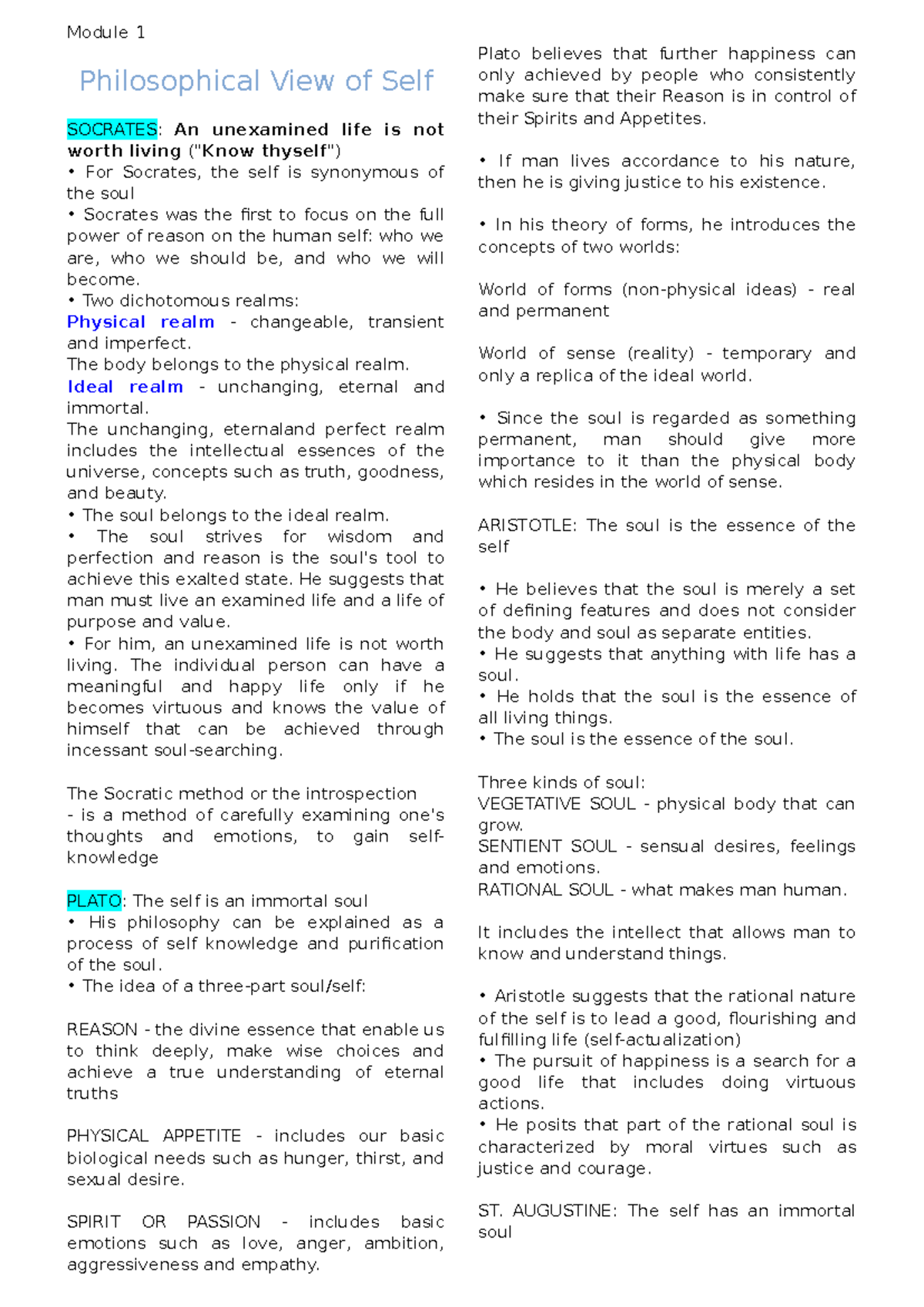 Understanding the Self NOTES - Module 1 Philosophical View of Self ...