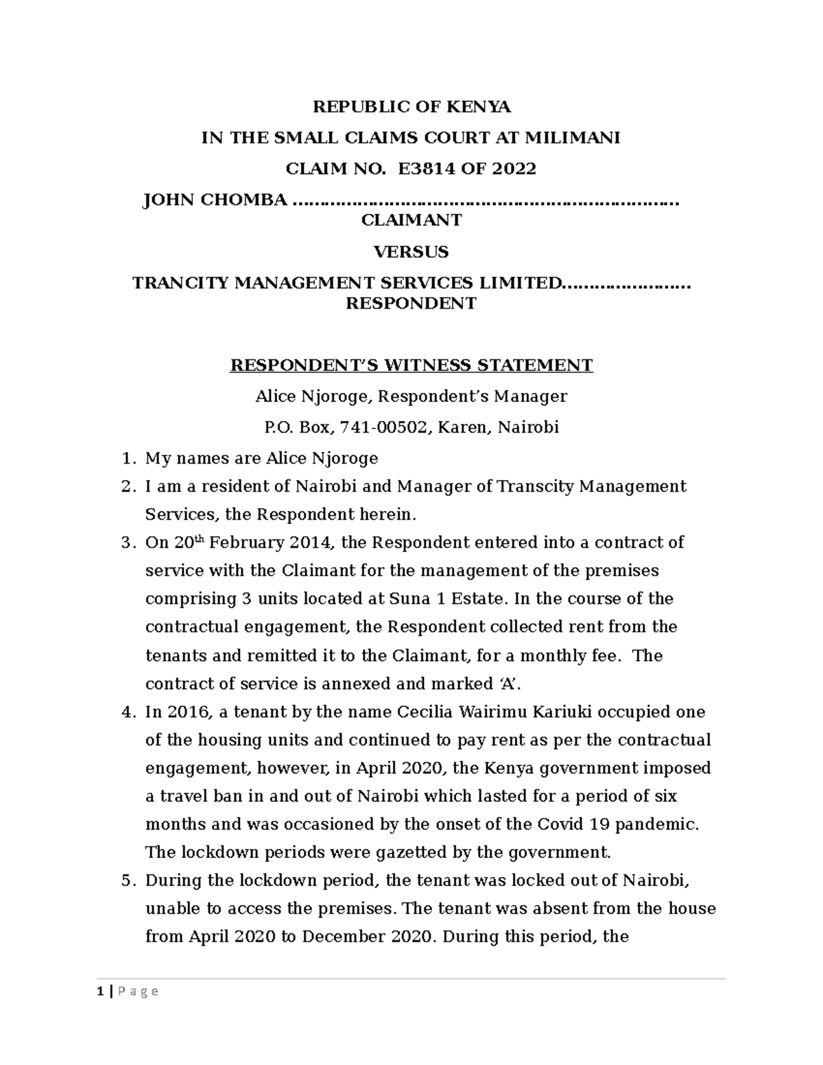 Witness statement REPUBLIC OF KENYA IN THE SMALL CLAIMS COURT AT