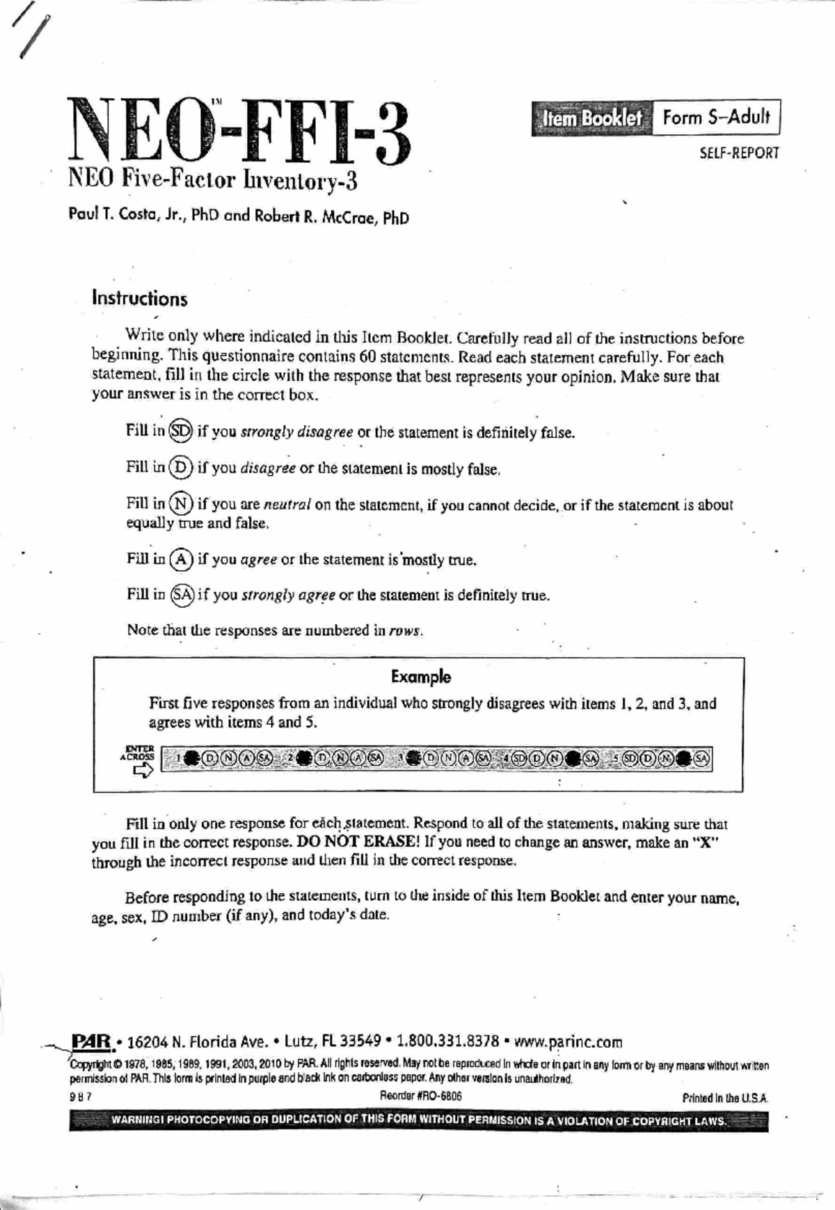 NEO-FFI 3 scale English - NEO'~FFI- IIMMI FormS-Adult / ####### SELF ...