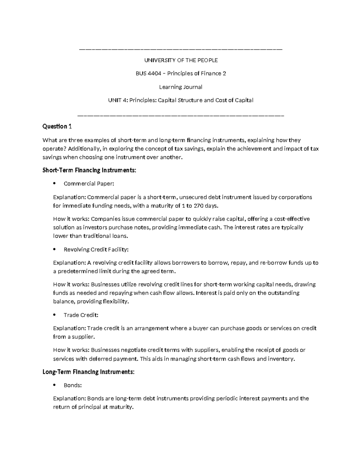 Learning Journal 4 Bus 4404 Principles Of Finance 2 Studocu Learning Journal 4 Bus 4404 Principles Of Finance 2 Studocu