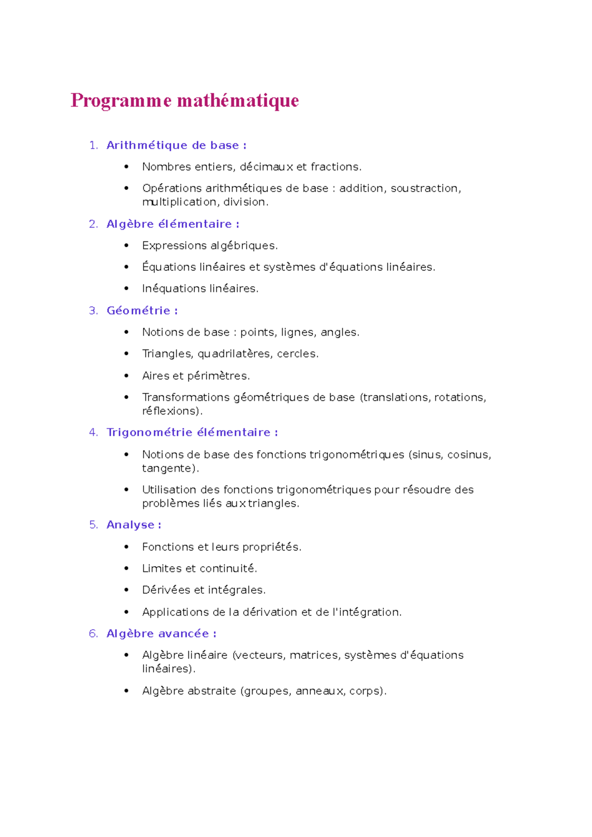 Mathématique programme - Programme mathématique 1. Arithmétique de base ...