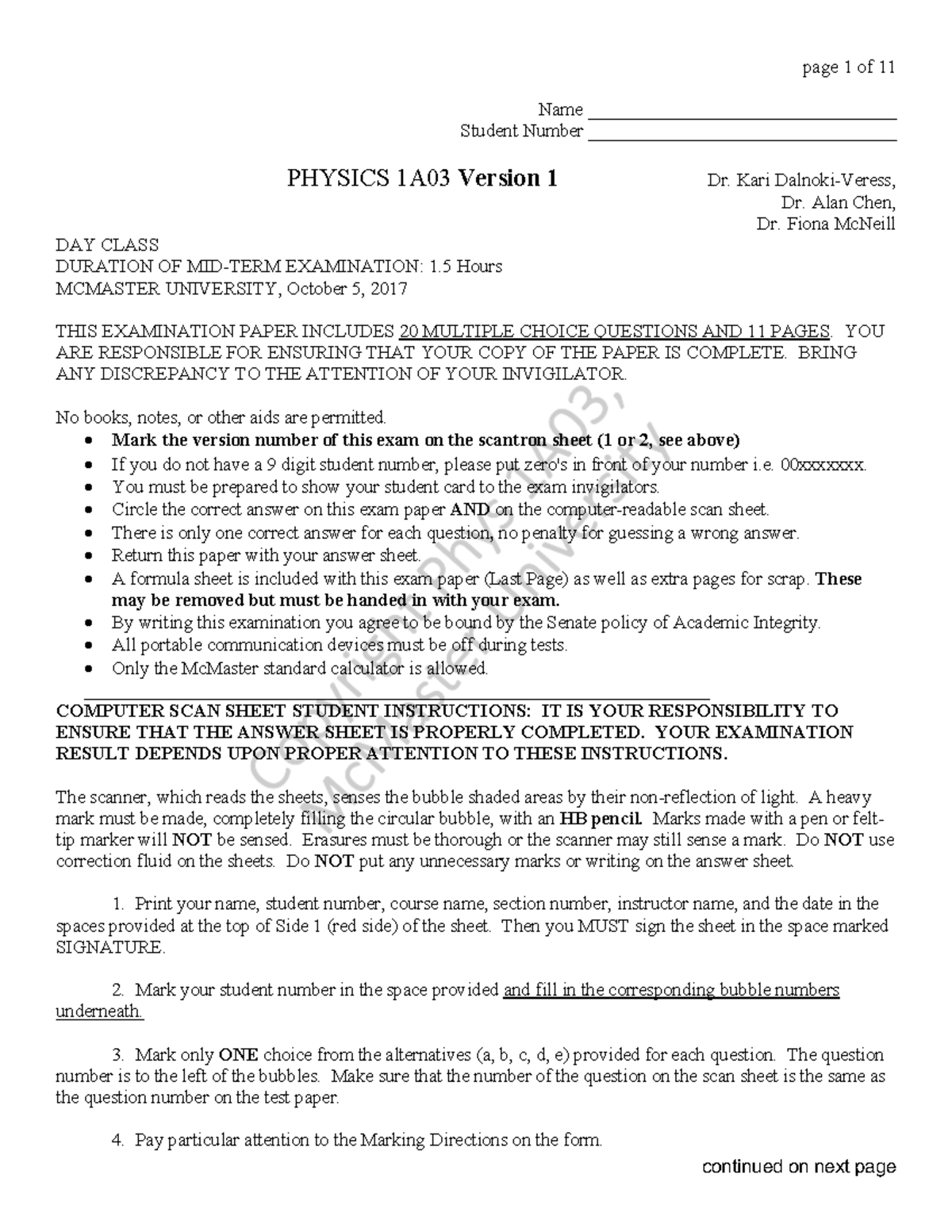 MT1 physics 1A03 V1 final F17 Answers Watermark - page 1 of 11 ...