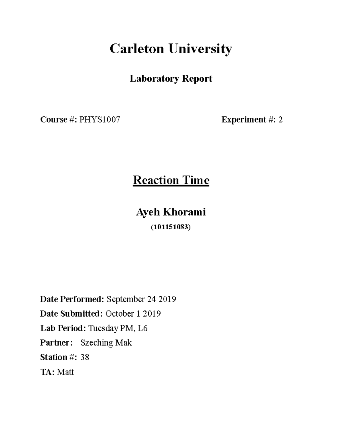 PHYS1007 Lab report Reaction time lab Carleton University