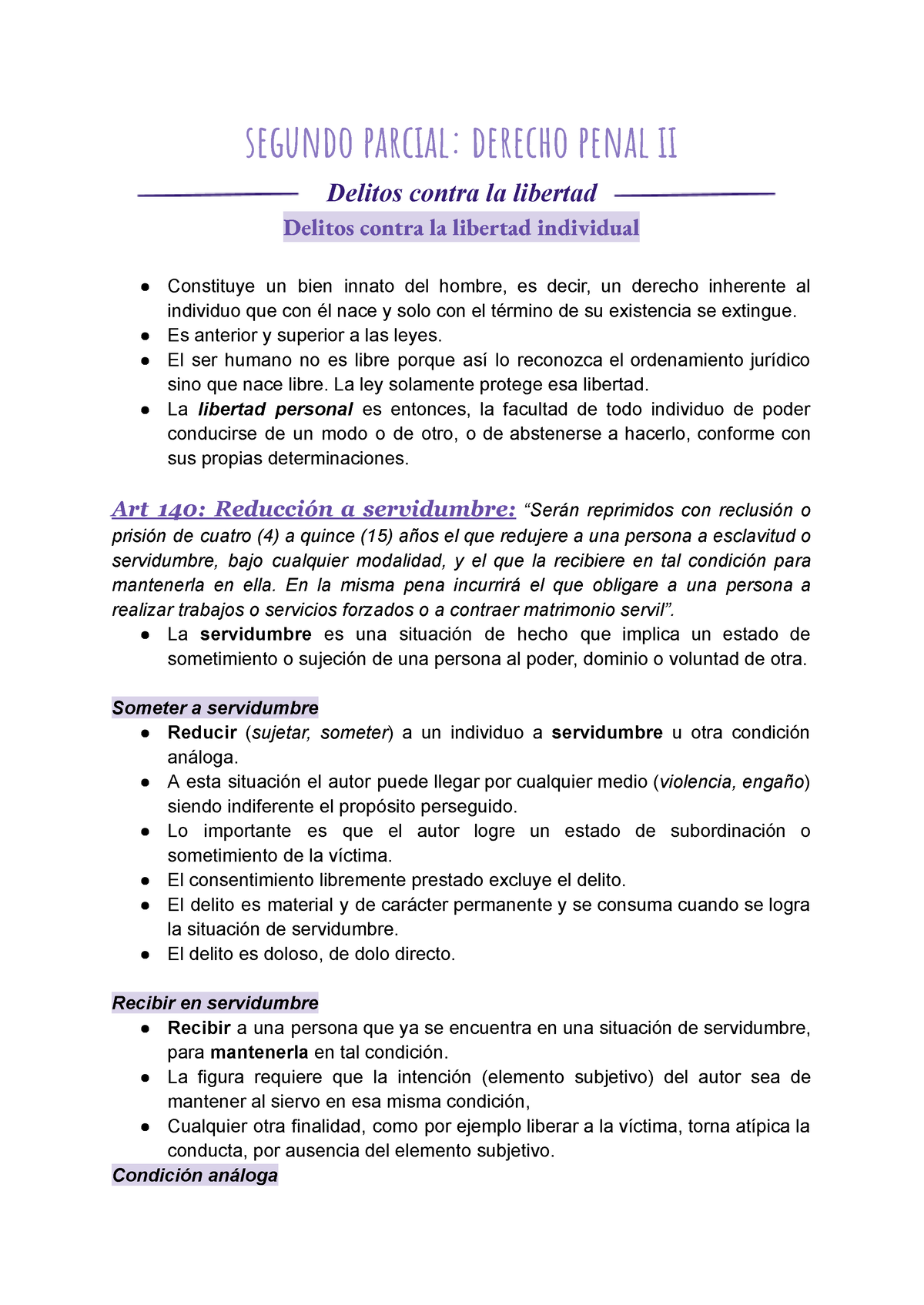 Segundo Parcial Derecho Penal Ii Segundo Parcial Derecho Penal Ii Delitos Contra La Libertad