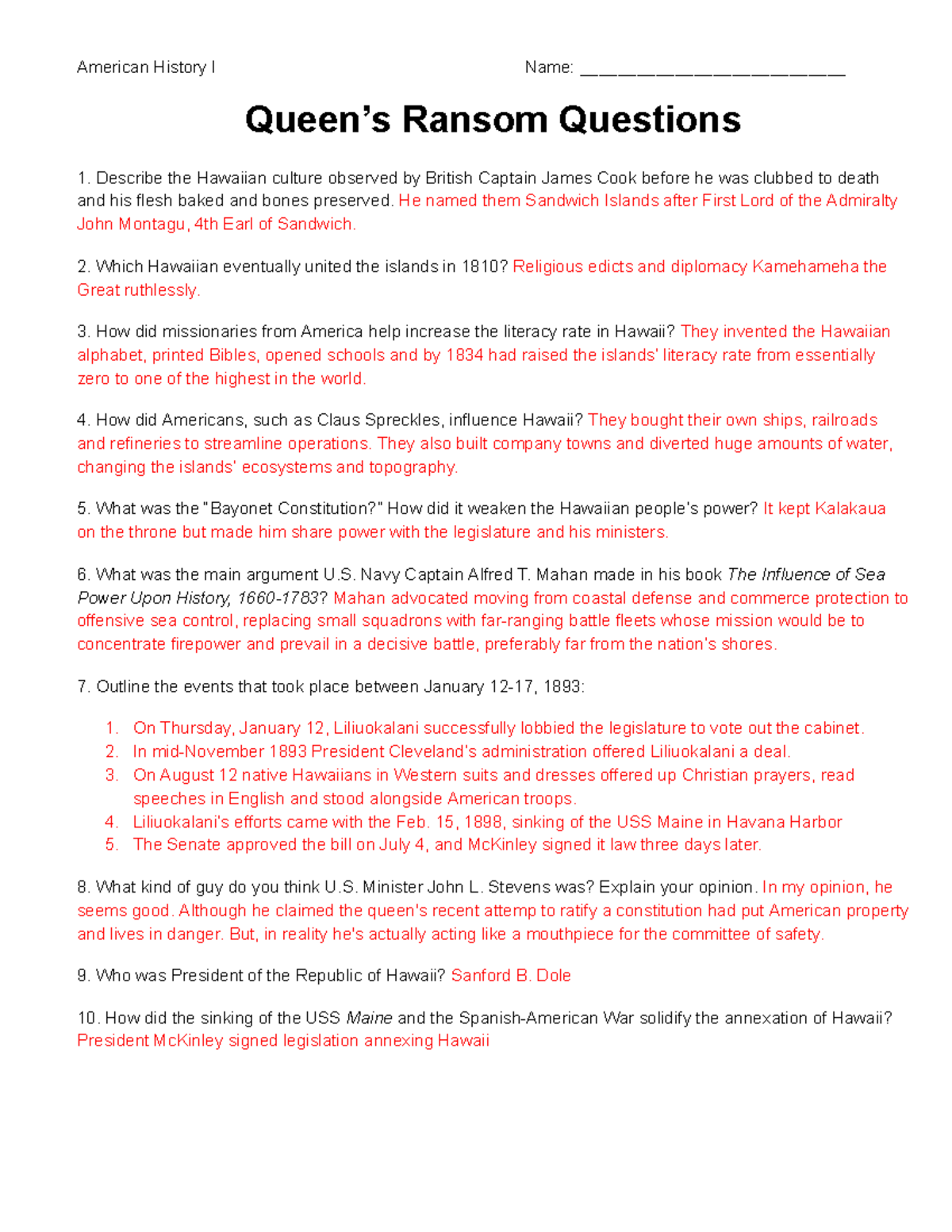 Copy of Queen's Ransom Questions American History I Name