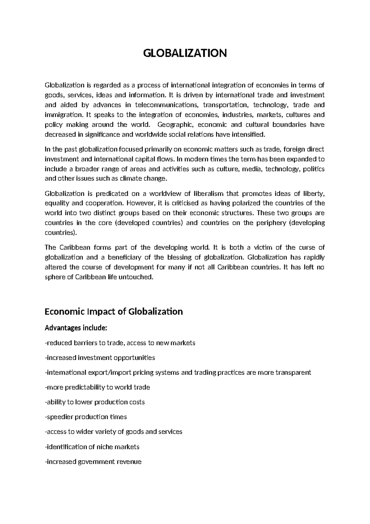 Globalization - sem 2 - GLOBALIZATION Globalization is regarded as a ...