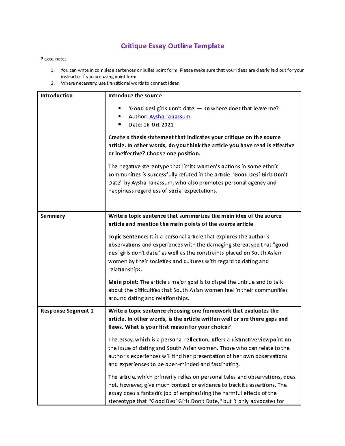 critique essay outline template