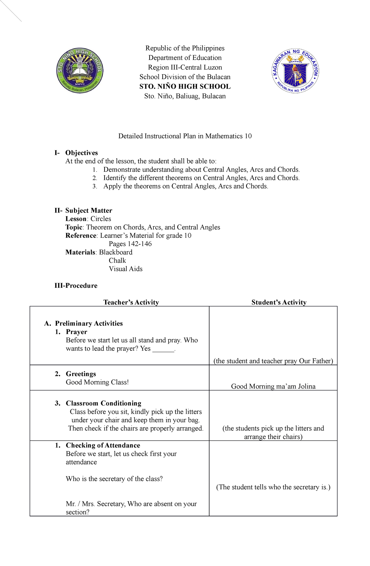 Lesson PLAN Circles - Republic Of The Philippines Department Of ...