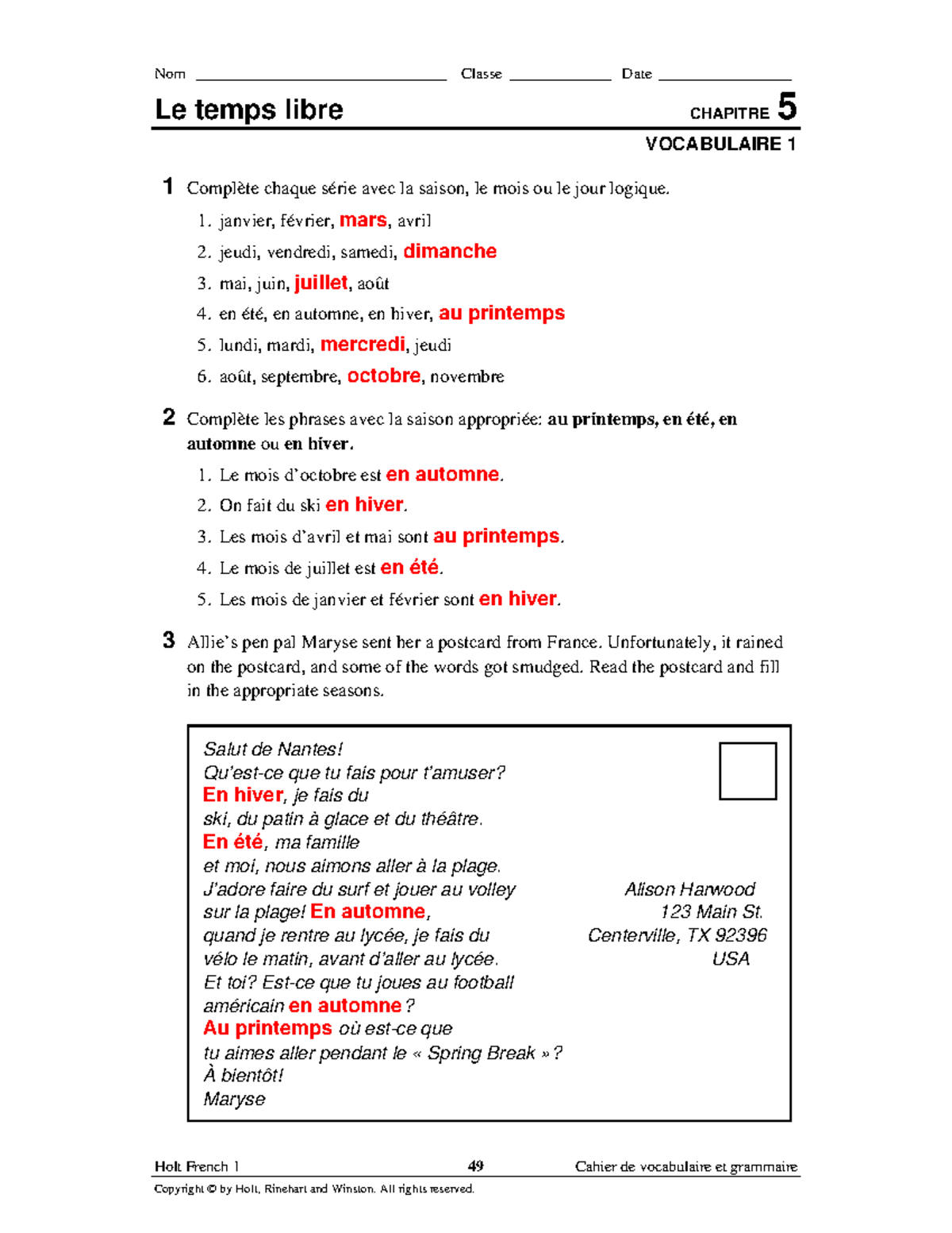 Ch 5cahier vocabulaire answers Holt French 1 49 Cahier de vocabulaire