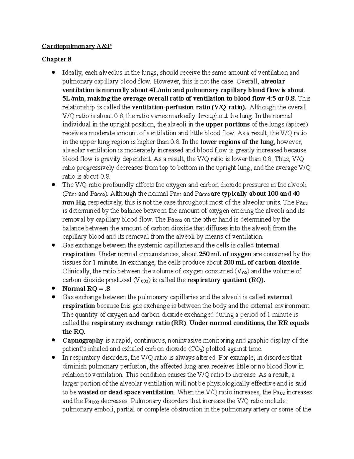 Cardiopulmonary A^0P Chapter 8 - Cardiopulmonary A&P Chapter 8 Ideally ...