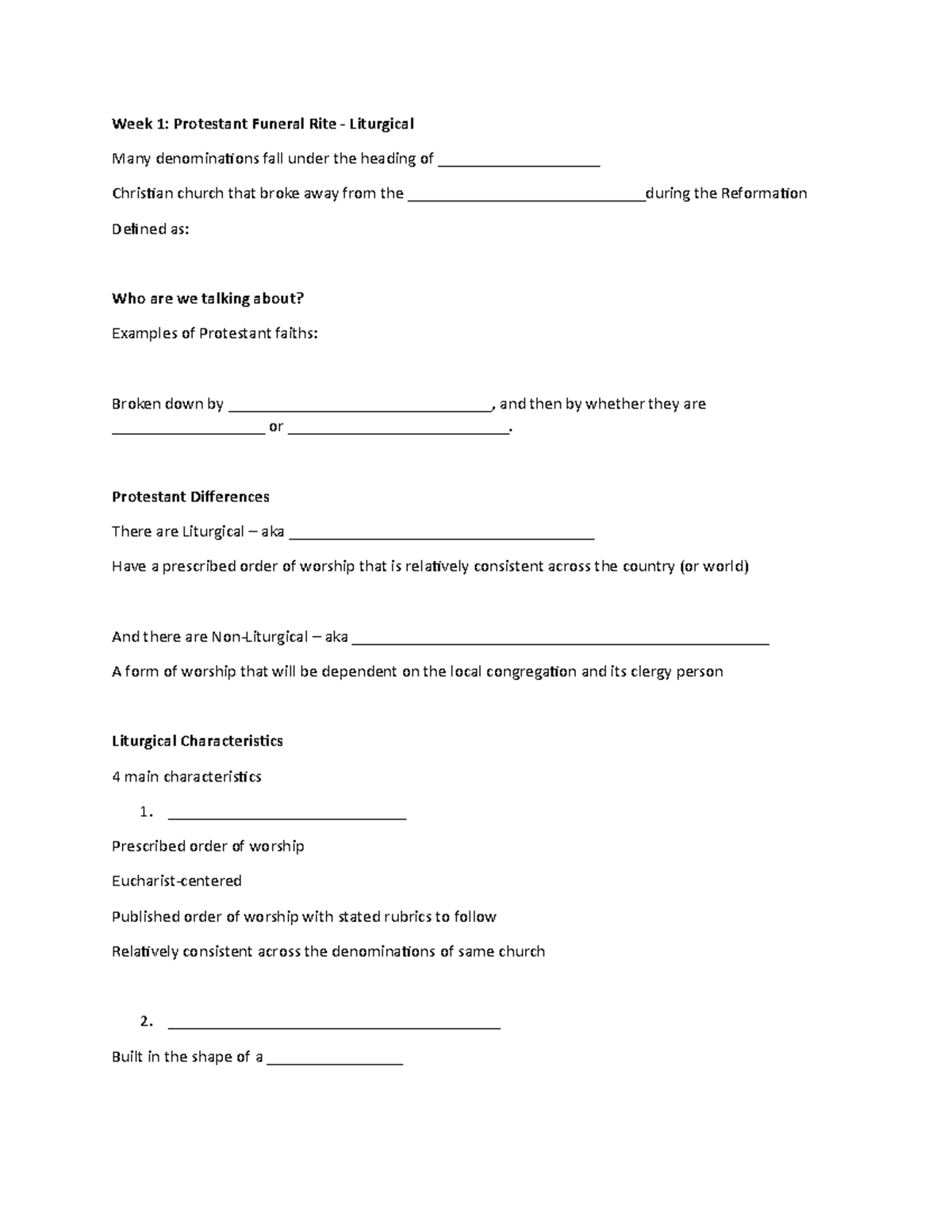 Week 1 Liturgical Protestant Worksheet - Week 1: Protestant Funeral ...