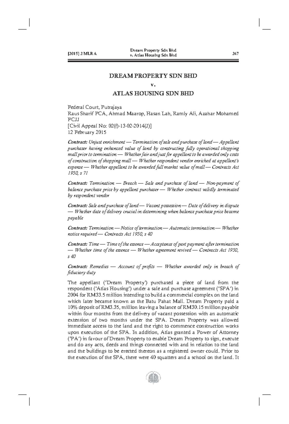 Dream Property case Case law [2015] 2 MLRA 247 DREAM PROPERTY SDN