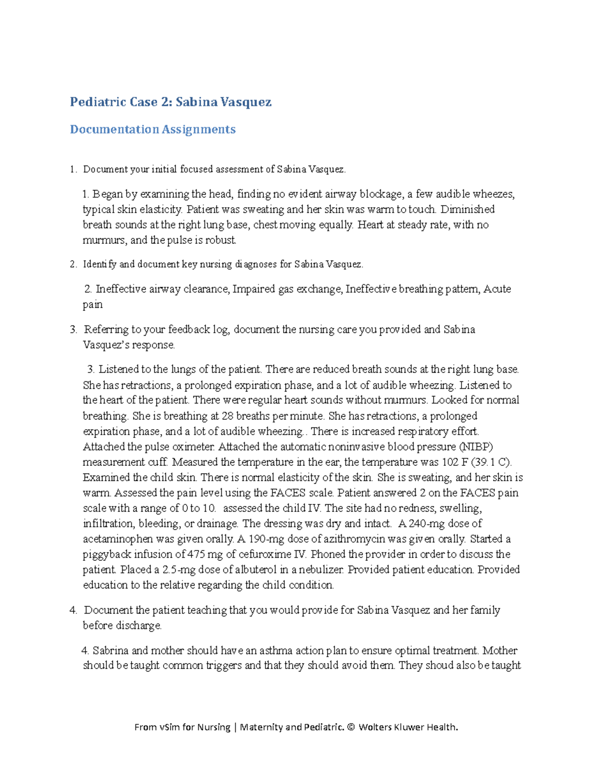 Pediatric Case 2 DA - Documentation Question - Pediatric Case 2: Sabina ...