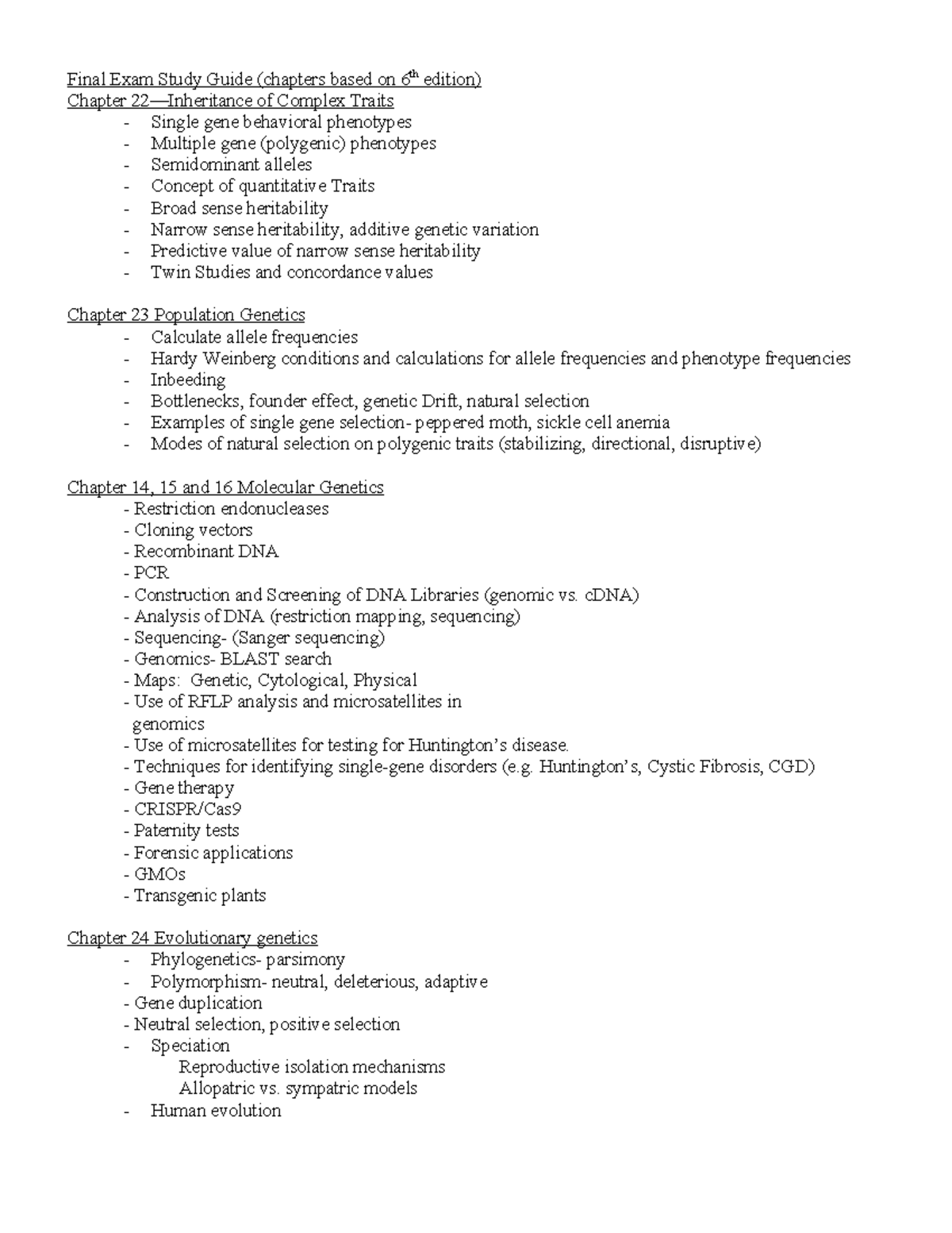 Final Exam Study Guide - cDNA) - Analysis of DNA (restriction mapping ...