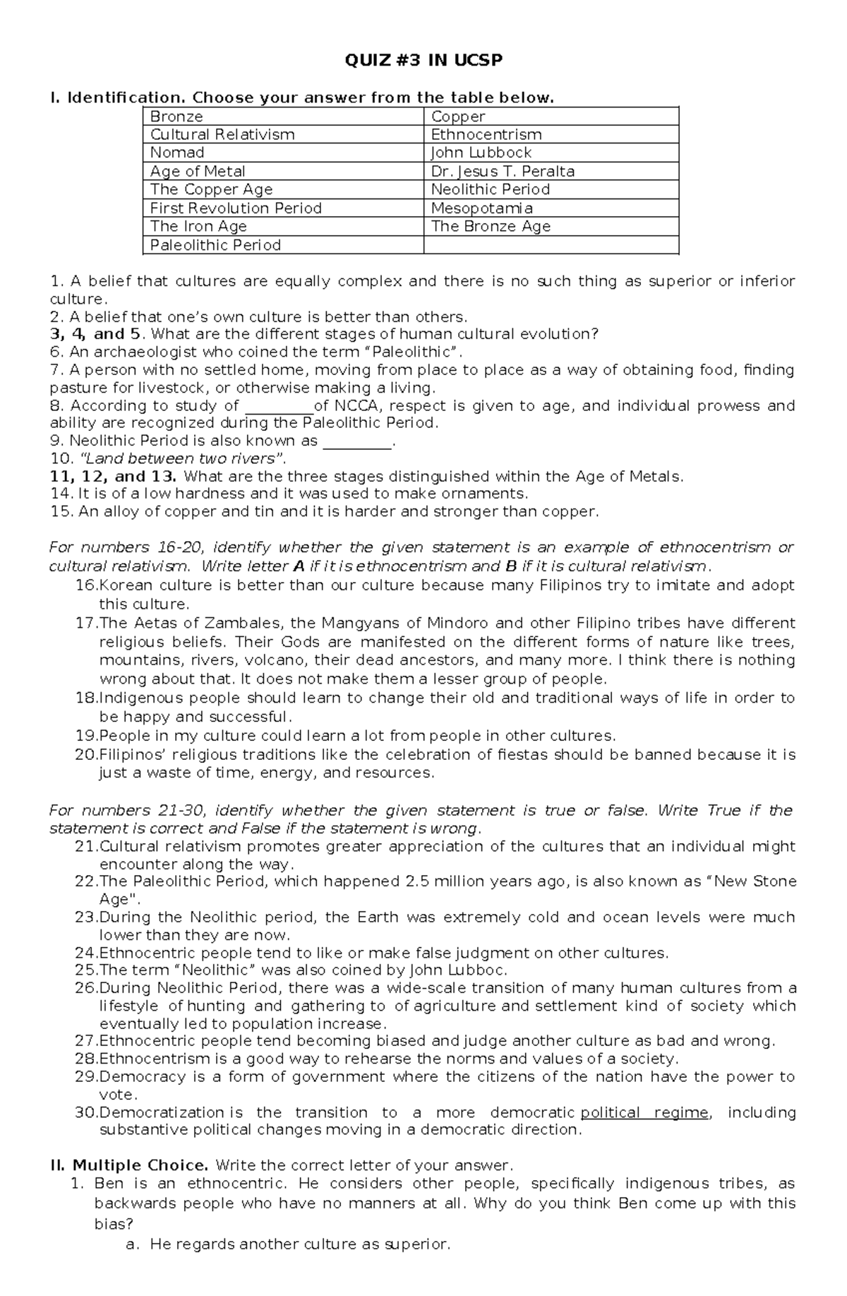 QUIZ #3 in ucsp - chapter quiz - QUIZ #3 IN UCSP I. Identification ...