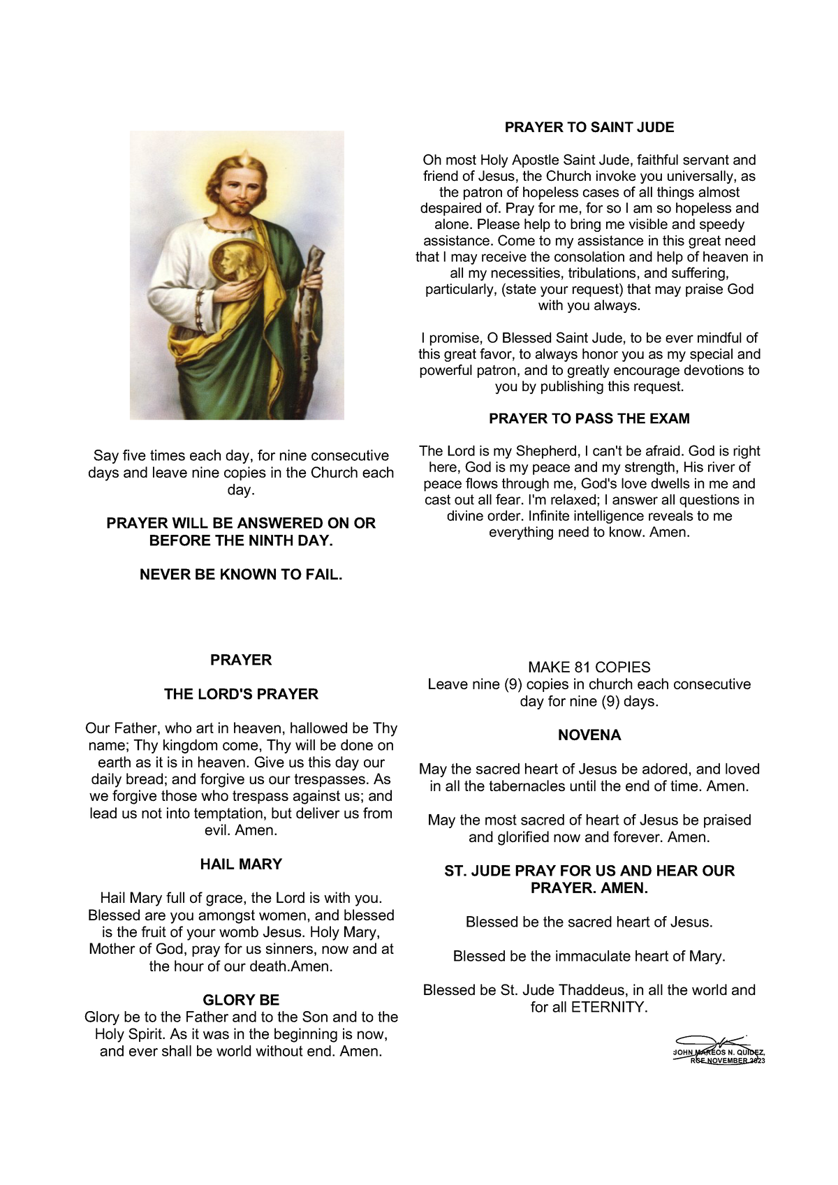 ST JUDE Miraculos Prayer Mareos RCE November 2023 - Say five times each