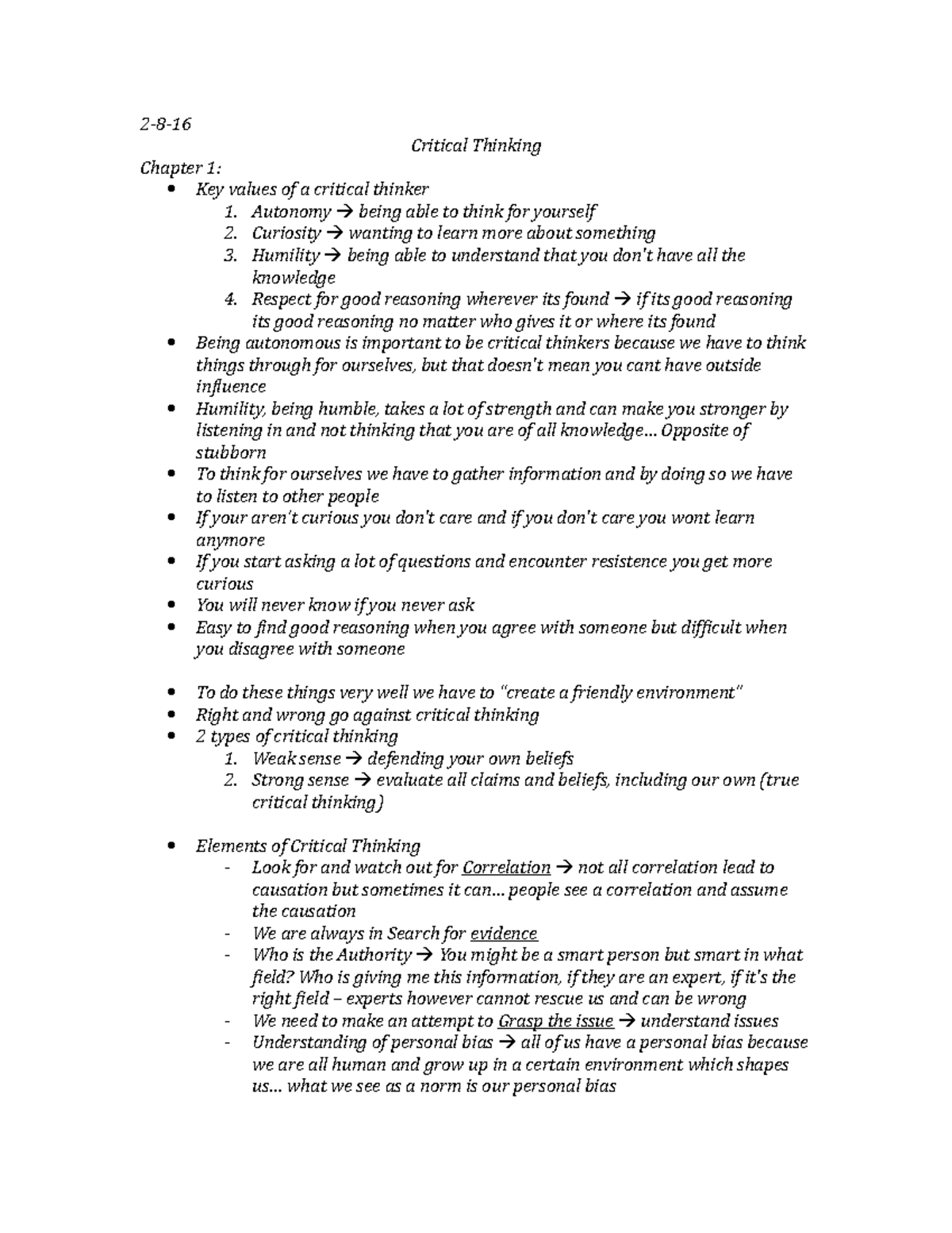 Chapter 1 - 2-8- Critical Thinking Chapter 1: Key values of a critical ...