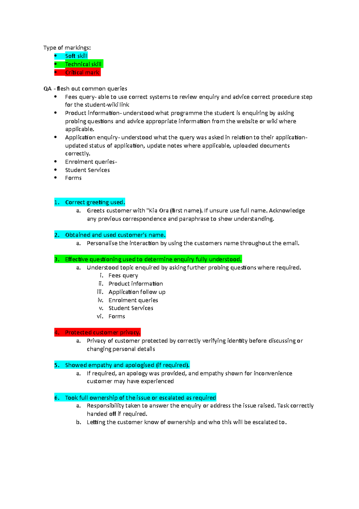 QA email form - Template for QA markings - Type of markings: Soft skill ...