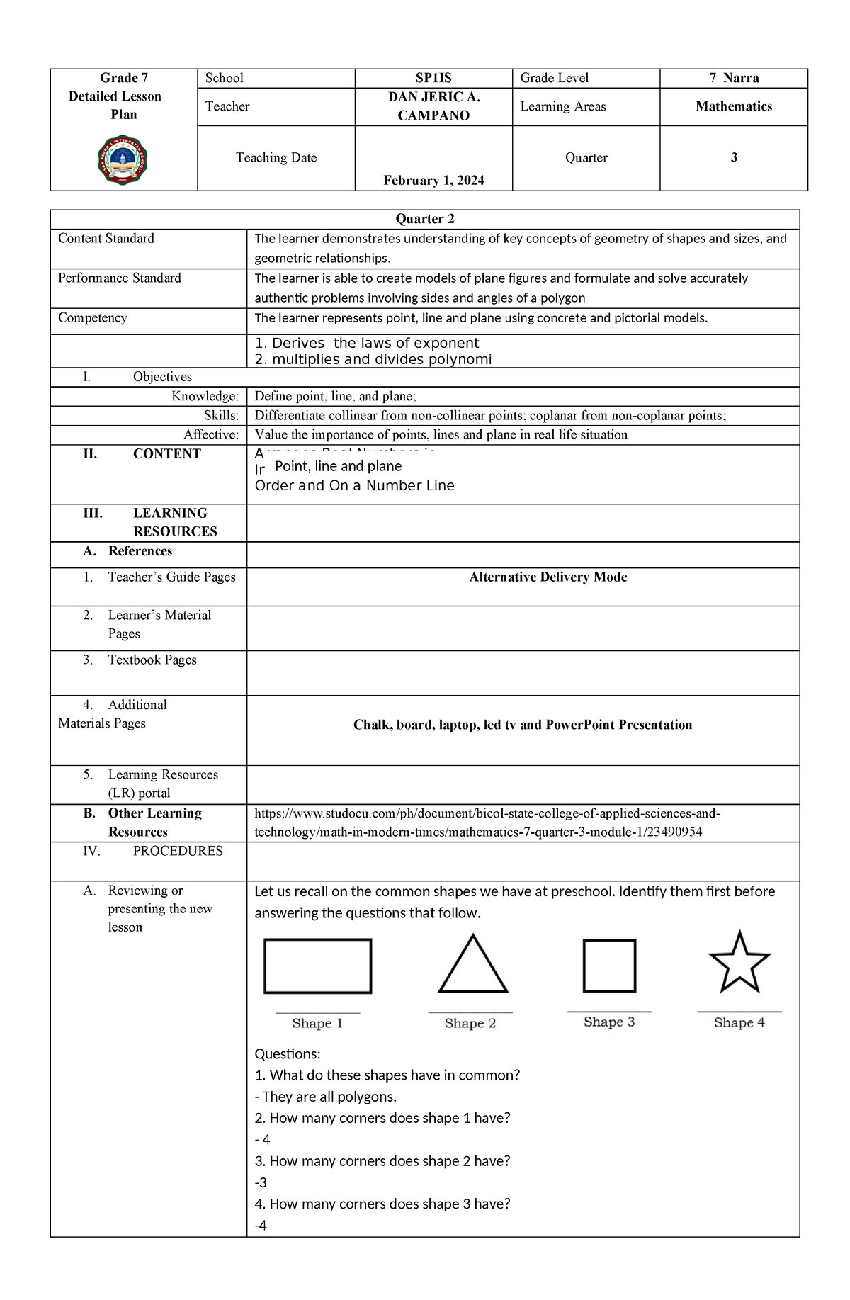 Math week 1 - math - Grade 7 Detailed Lesson Plan School SP1IS Grade ...