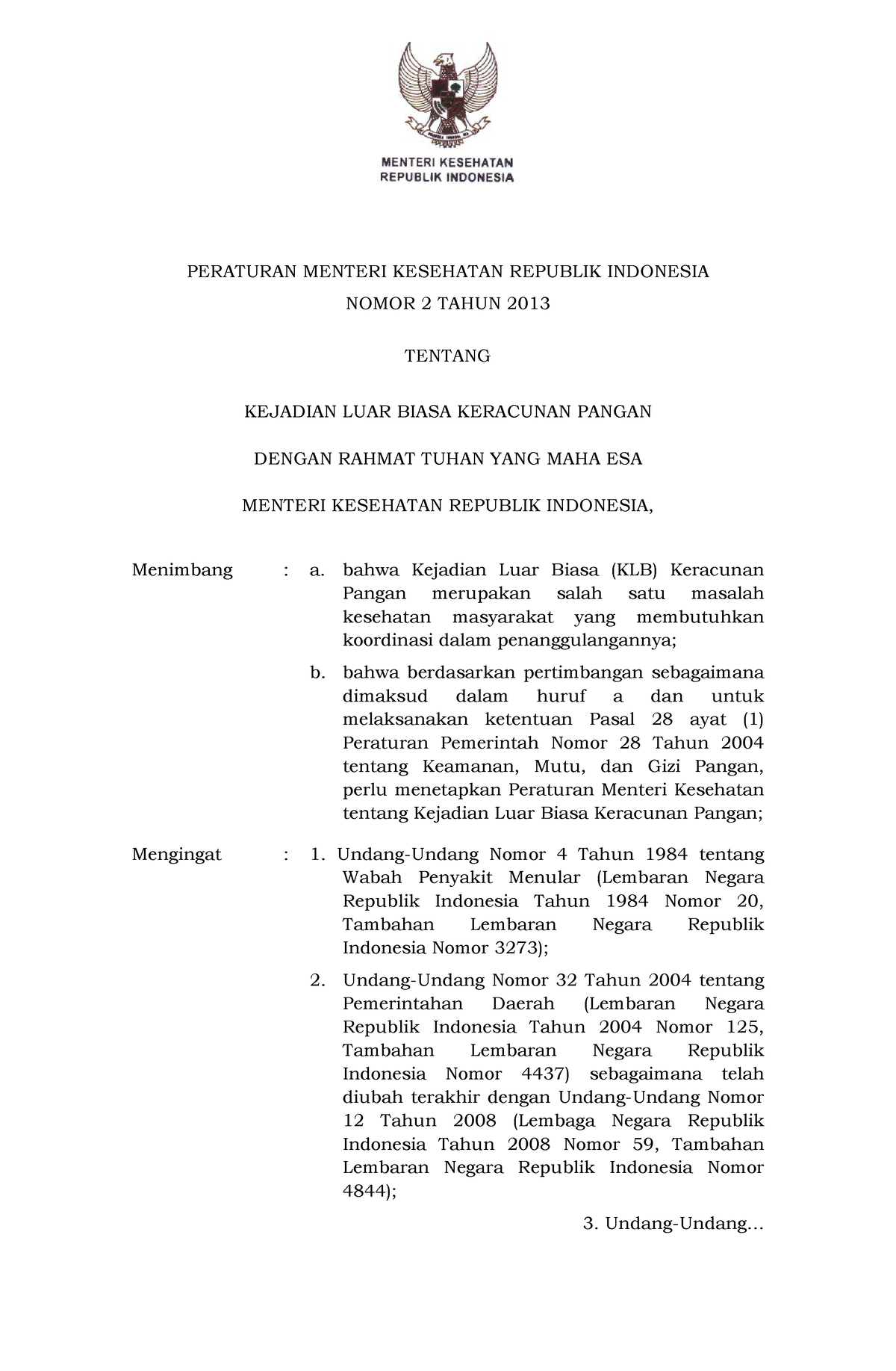 Nomor 2 Tahun 2013 KLB Kermak - PERATURAN MENTERI KESEHATAN REPUBLIK ...